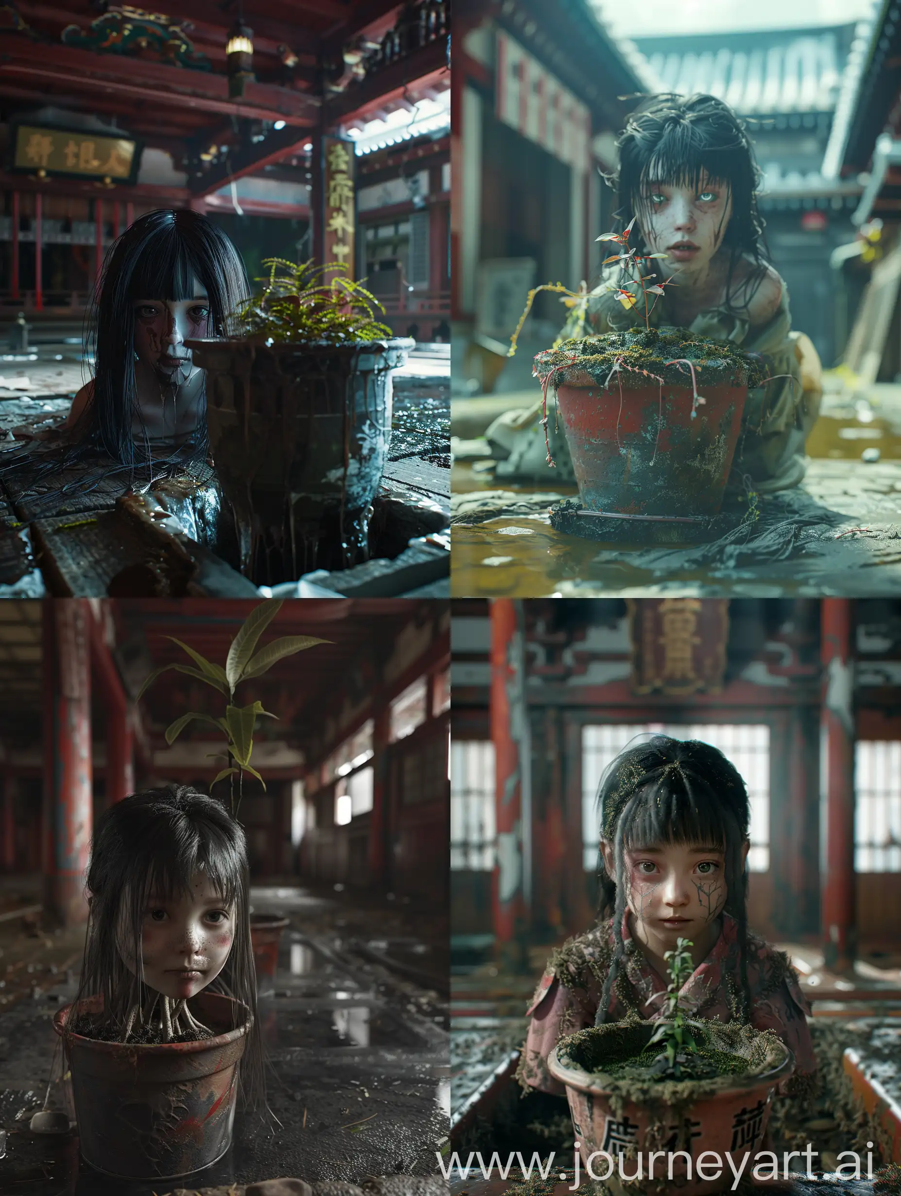 Abandoned-Japanese-Temple-Cinematic-Realism-with-Withered-Girl-Planted-in-Pot-and-Japan-Yokai