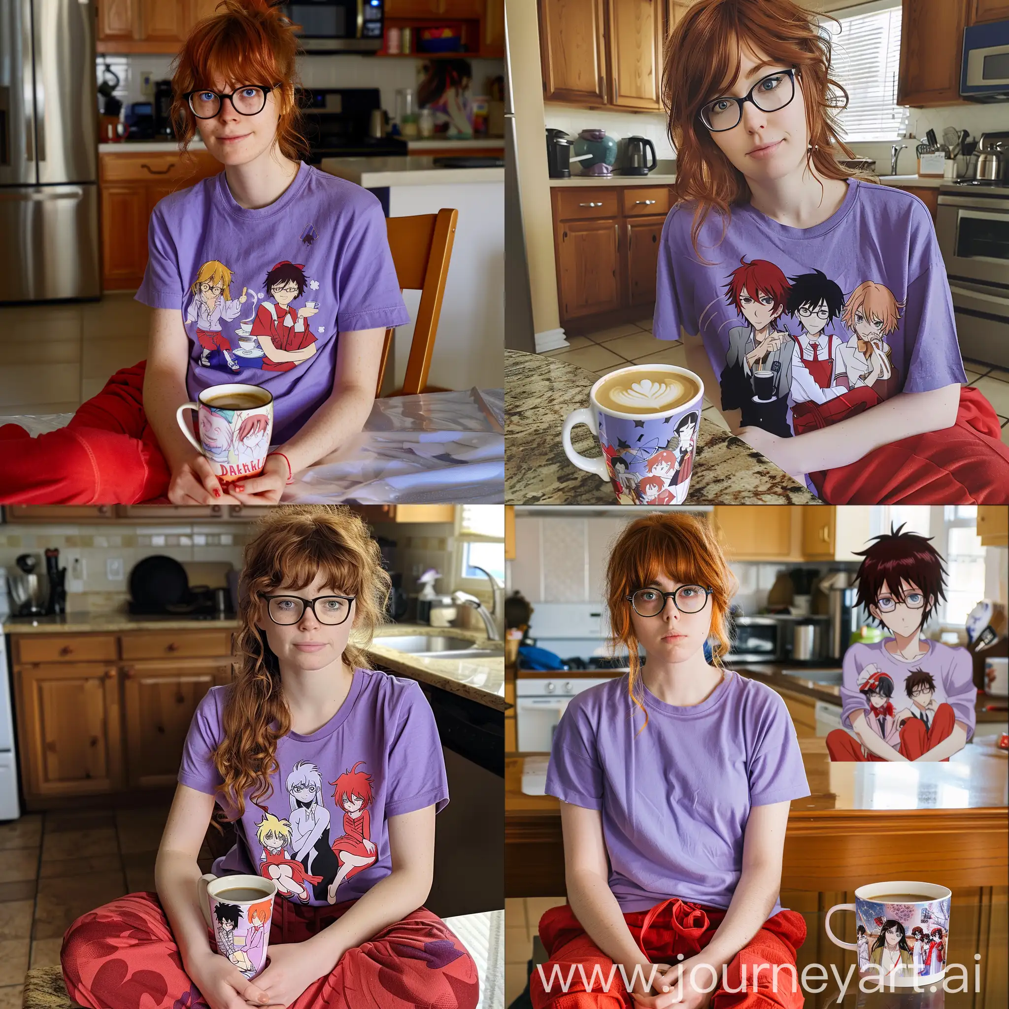 Девочка, сидит на кухне, за кухонным , столом , на столе кружка с кофе , на кружке нарисованы персонажи из аниме " темный  дворецкий", у девочки рижие волосы , в очках , голубые глаза , фиолетовая футболка , красные пижамные штаны Аниме