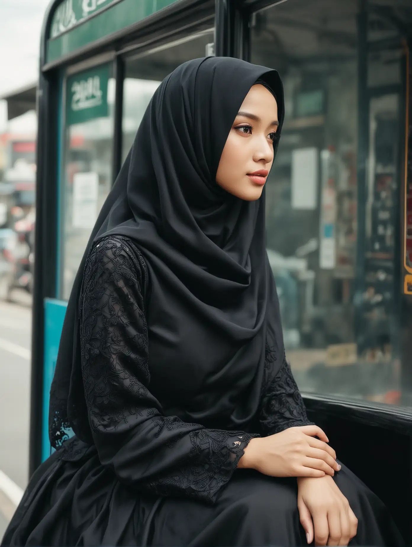 Elegant Indonesian Women in Black Wedding Hijabs at Korean Bus Stop