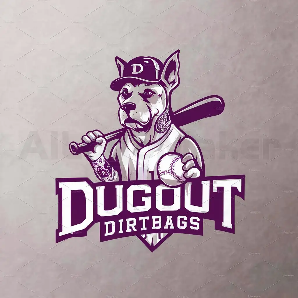 a logo design,with the text "Dugout Dirtbags", main symbol:Baseball playing Dog with tattoos . Purple theme,Moderate,be used in Sports Fitness industry,clear background