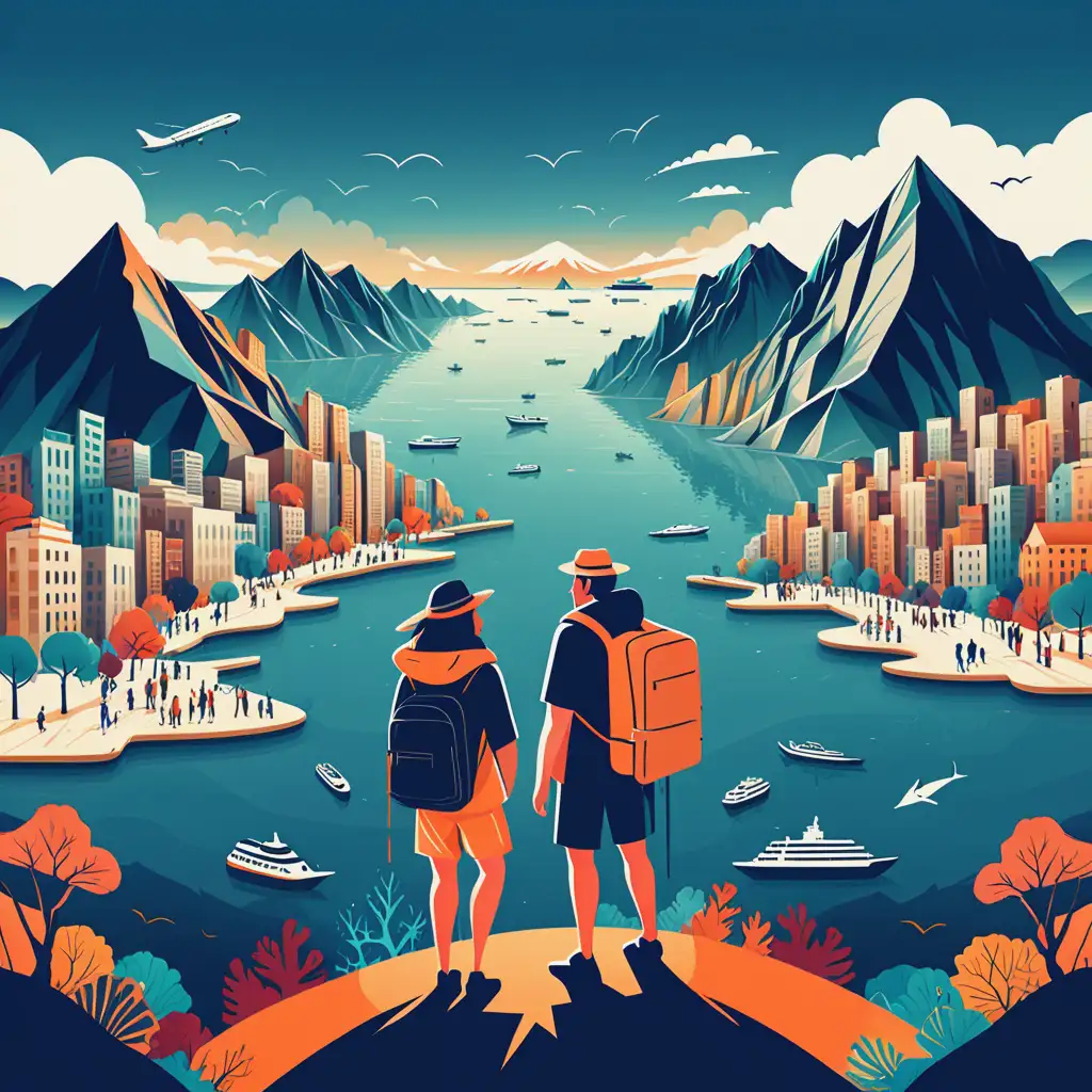 travellers on a background made of cities, sea, mountains illustration style