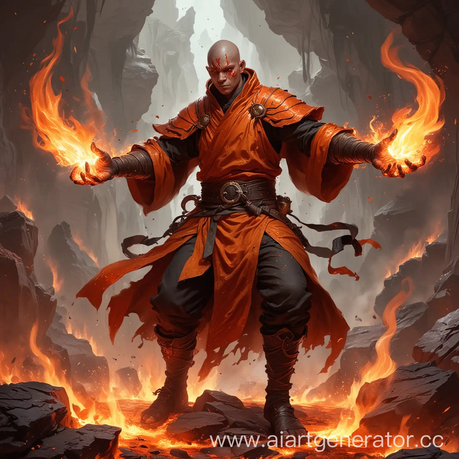 digital brush art, mtg art, man half-monk half-sorcery that is battle pose with flames around him and magma skin hands