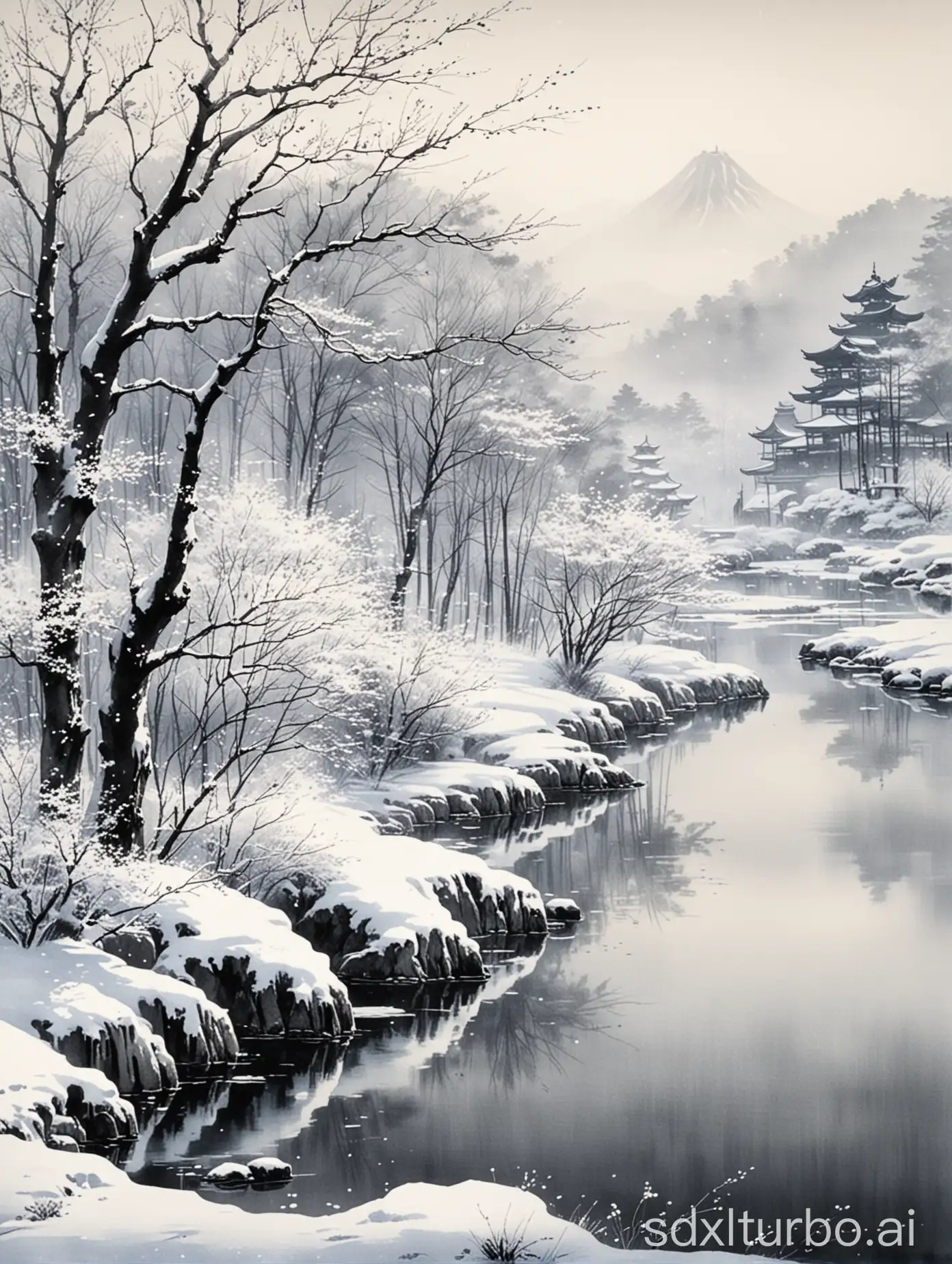 Tranquil-Winter-Japanese-Ink-Landscape-Serene-Idyllic-Scenery