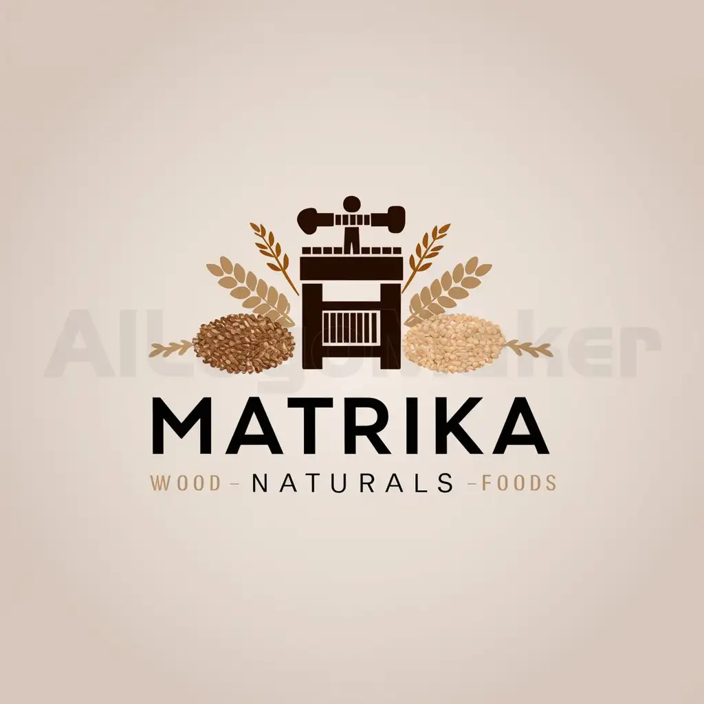 a logo design,with the text "MATRIKA NATURALS", main symbol: Create a distinctive logo for "Matrika Natural Foods," a wood press oil manufacturing company venturing into various natural food products like grains, flour, and pulses. The logo should embody the authenticity of wood press oil while remaining versatile for future product lines. Avoid overly literal representations of oil, instead focus on elements that evoke the essence of natural, wholesome foods and the traditional craftsmanship of wood pressing. Incorporate symbolic imagery such as grains, seeds, or a stylized press to reflect the company's commitment to purity and quality. Opt for warm, earthy tones to convey a sense of naturalness and sustainability. The logo should be memorable, scalable, and suitable for various applications, from packaging to digital platforms. Aim for a design that stands out in the market clutter, capturing the essence of Matrika's dedication to authentic, natural foods.,Minimalistic,clear background