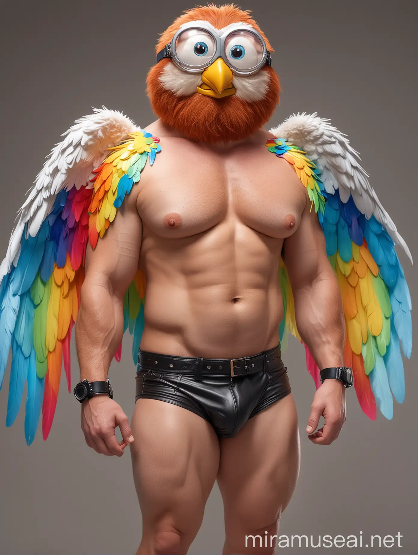 Studio Light Subtle Smile Topless 40s Ultra beefy Red Head Bodybuilder Daddy Big Eyes with Beard Wearing Multi-Highlighter Bright Rainbow Colored See Through huge Eagle Wings Shoulder Jacket short shorts low leather boots and Flexing his Big Strong Arm Up with Doraemon Goggles on forehead