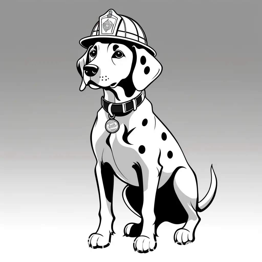 Generate a full body, detailed and realistic image of a Dalmatian puppy wearing a firefighter helmet, the puppy should have a sleek, white coat with distinct black spots scattered across its body. The firefighter helmet should be depicted in grayscale with a bright tone to emphasize its visibility on the Dalmatian's head, ensure that the Dalmatian is portrayed in a dynamic pose, standing proudly with its head held high, conveying a sense of courage and readiness for action, Coloring Page, black and white, line art, white background, Simplicity, Ample White Space. The background of the coloring page is plain white to make it easy for young children to color within the lines. The outlines of all the subjects are easy to distinguish, making it simple for kids to color without too much difficulty