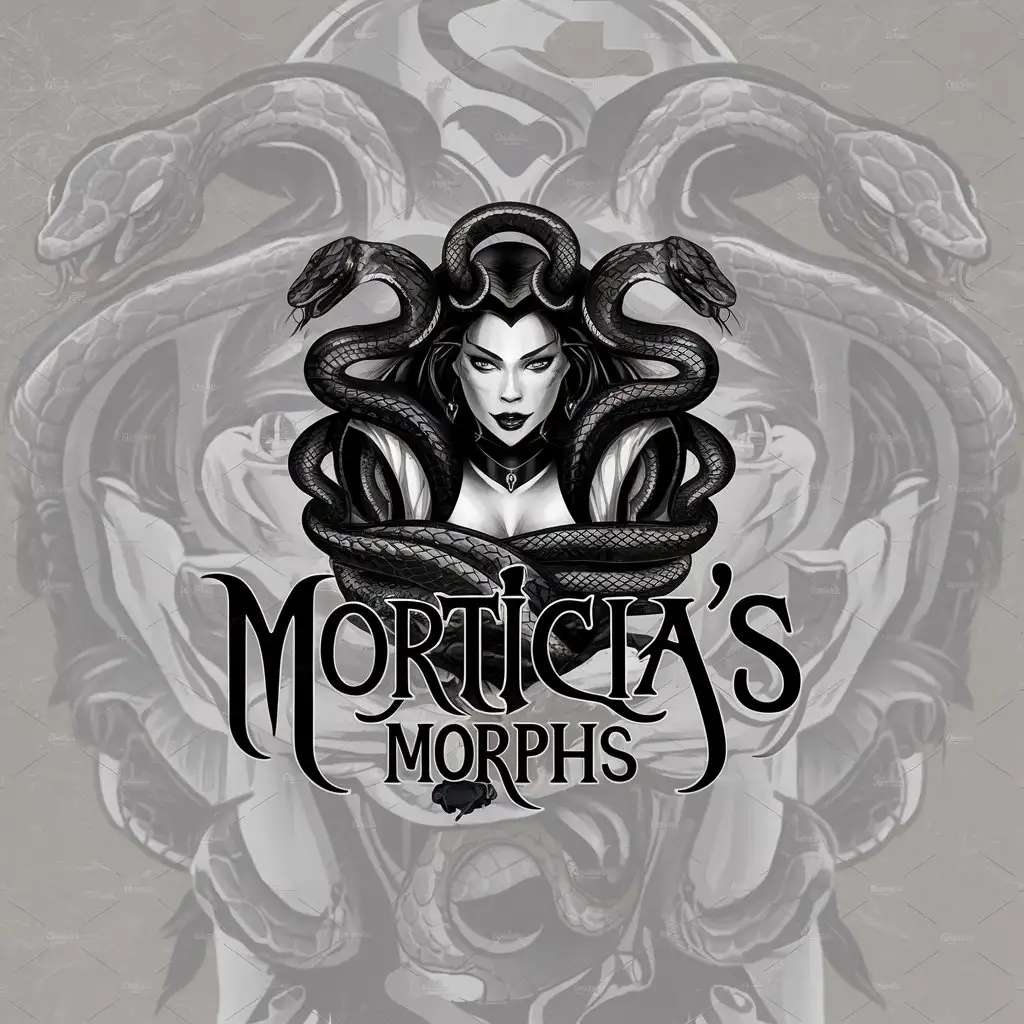 a logo design,with the text "Morticia's Morphs", main symbol:gothic woman holding snakes,complex,be used in Animals Pets industry,clear background