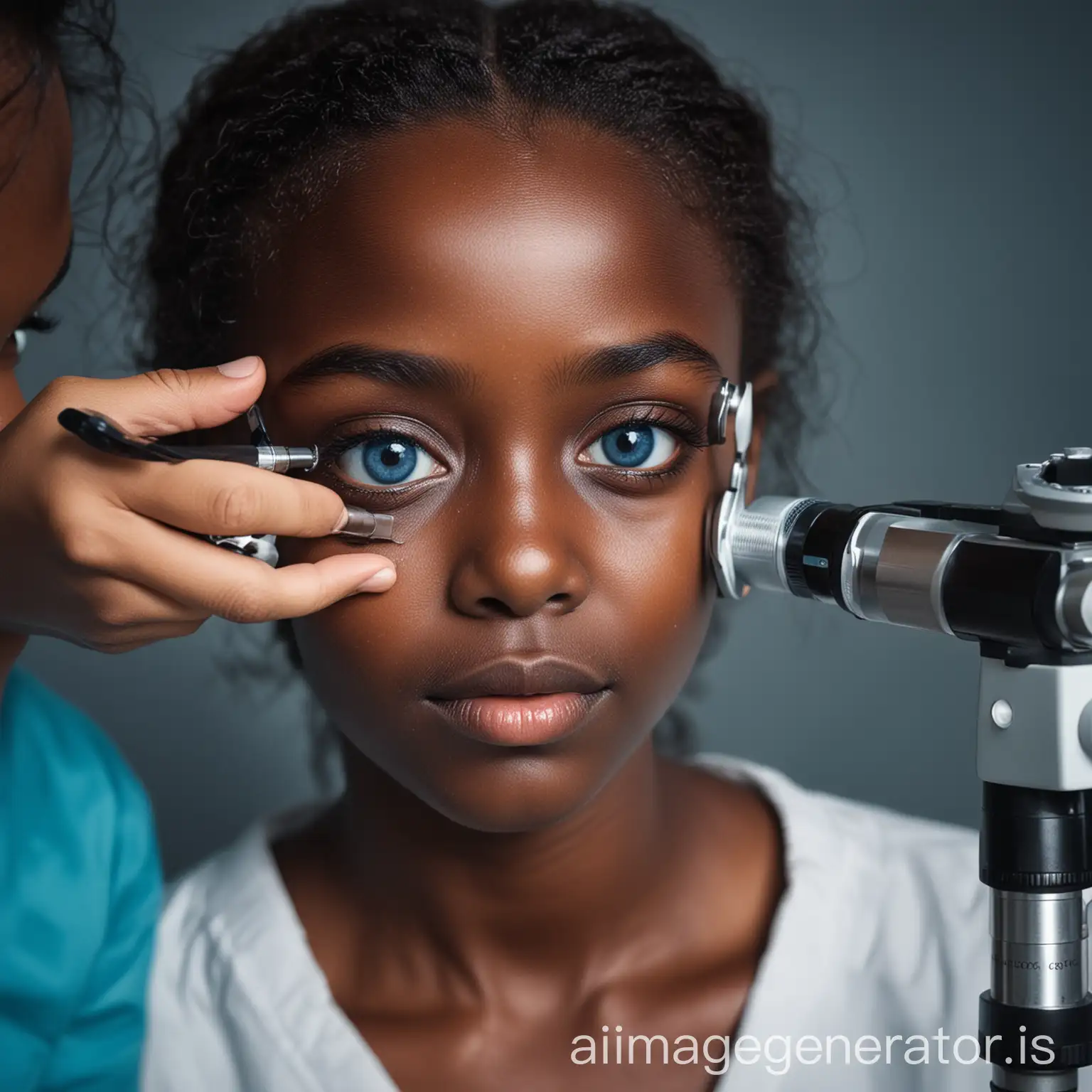 Dark skin black village girl with cataract(blue) being checked by doctor with an retinoscope (more focus on the girl)