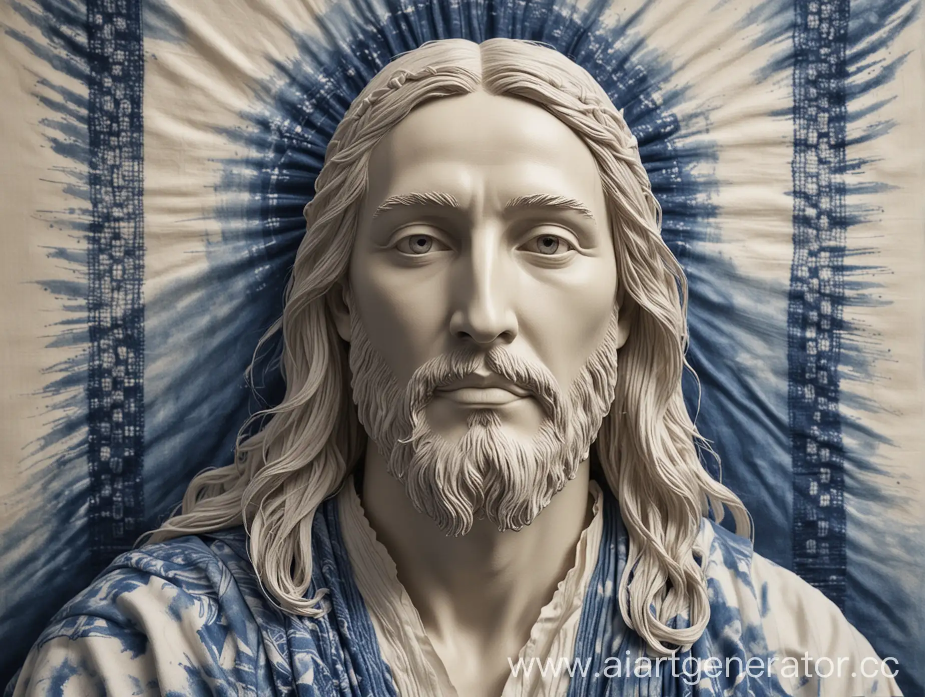 Create an artistic image of Jesus Christ, blending traditional religious iconography with the distinctive Shibori style. The image should depict Jesus with his classic features: serene expression, long hair, and a beard. He should be dressed in flowing robes, which incorporate the intricate patterns and textures characteristic of Shibori fabric dyeing techniques. Use a soft color palette dominated by indigo and white, with subtle variations and gradients to highlight the Shibori patterns. The background should be minimalistic but reflect the Shibori aesthetic, possibly with abstract, tie-dye-like patterns that evoke a sense of peace and spirituality. Ensure that the overall composition is harmonious and captures the sacred and tranquil essence of Jesus in a unique, artistic manner.