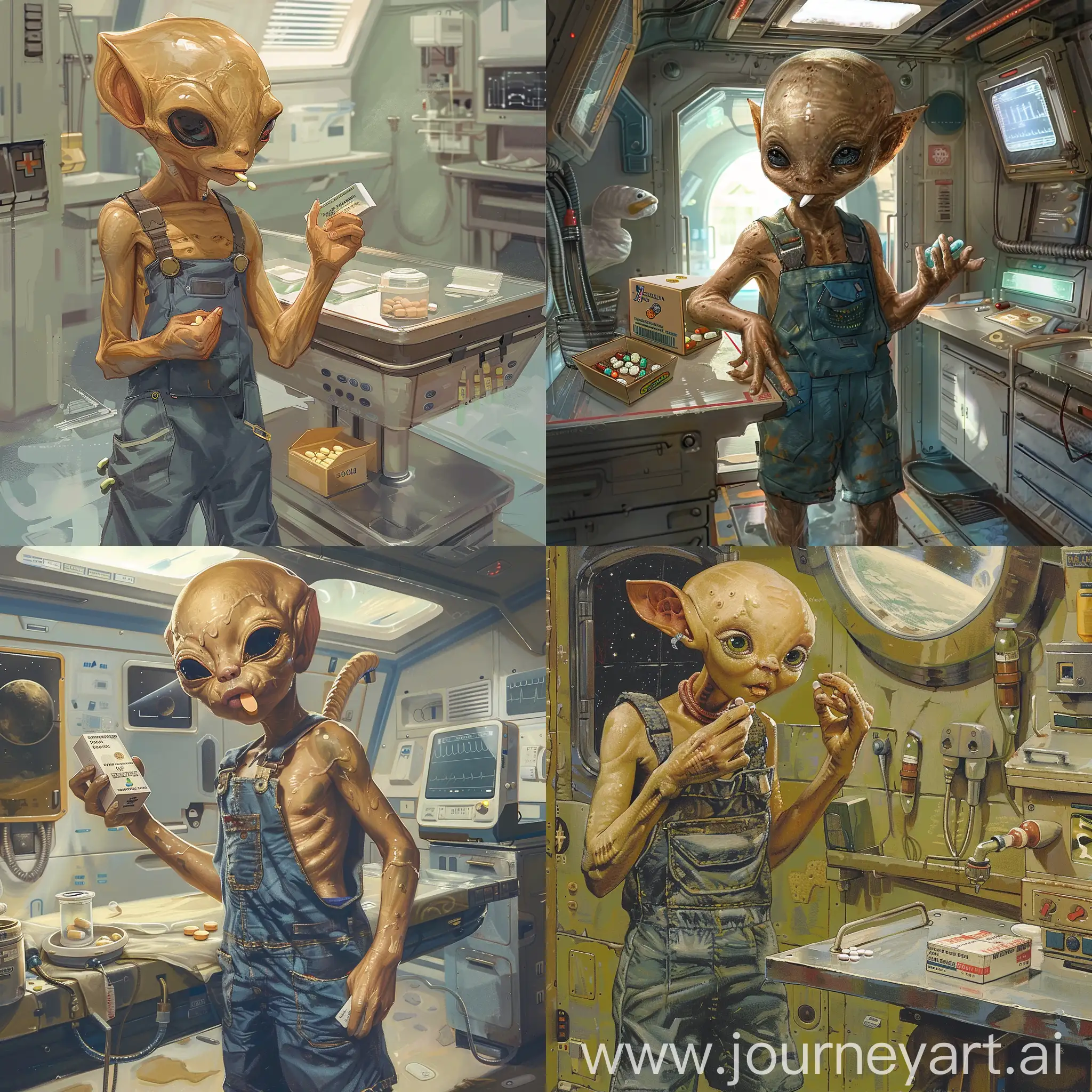 An alien boy in overalls stands near a medical table in the med bay of a space station and holds a box of pills in his hand and a pill in his other hand and licks it.