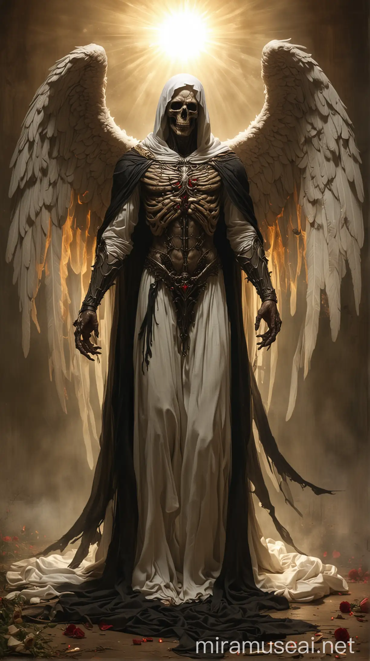Malak al-Mawt (Azrael) Taking a Soul:  Description: The Angel of Death, Azrael, gently taking the soul of a righteous man in a serene and peaceful setting, with a soft, glowing light surrounding the scene.