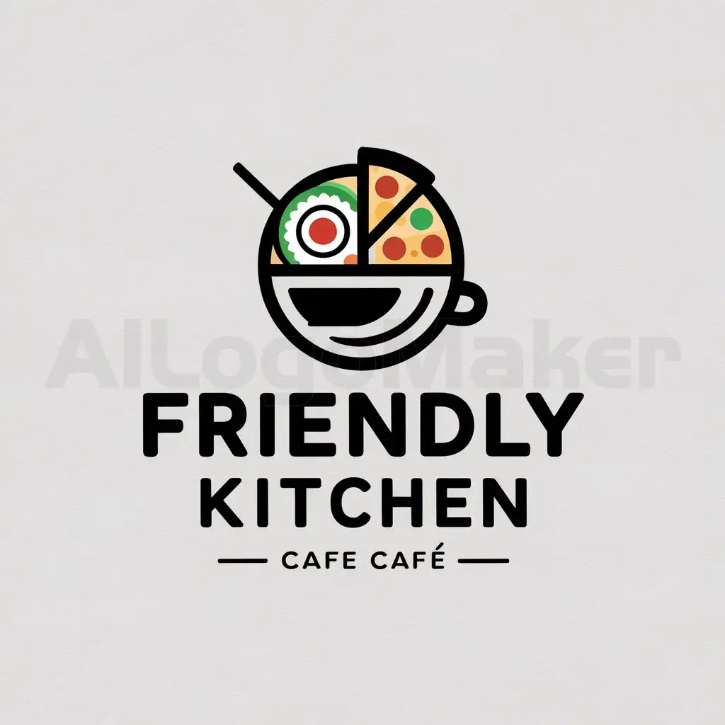 a logo design,with the text "Friendly kitchen", main symbol:sushi pizzas coffee,Moderate,be used in cafe industry,clear background