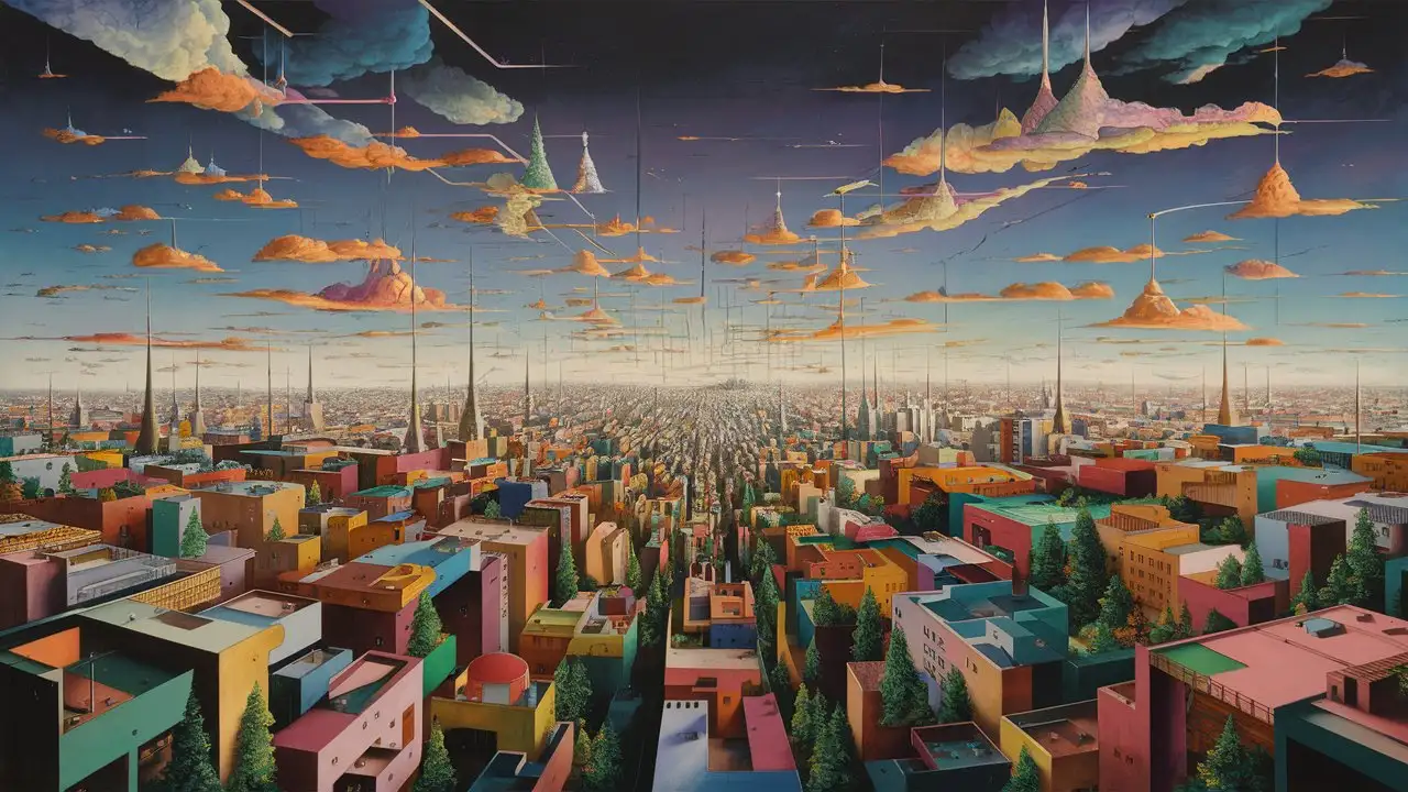 A Surrealism painting of a vast sprawling city stretching into the distance, in the style of Paul Klee.
