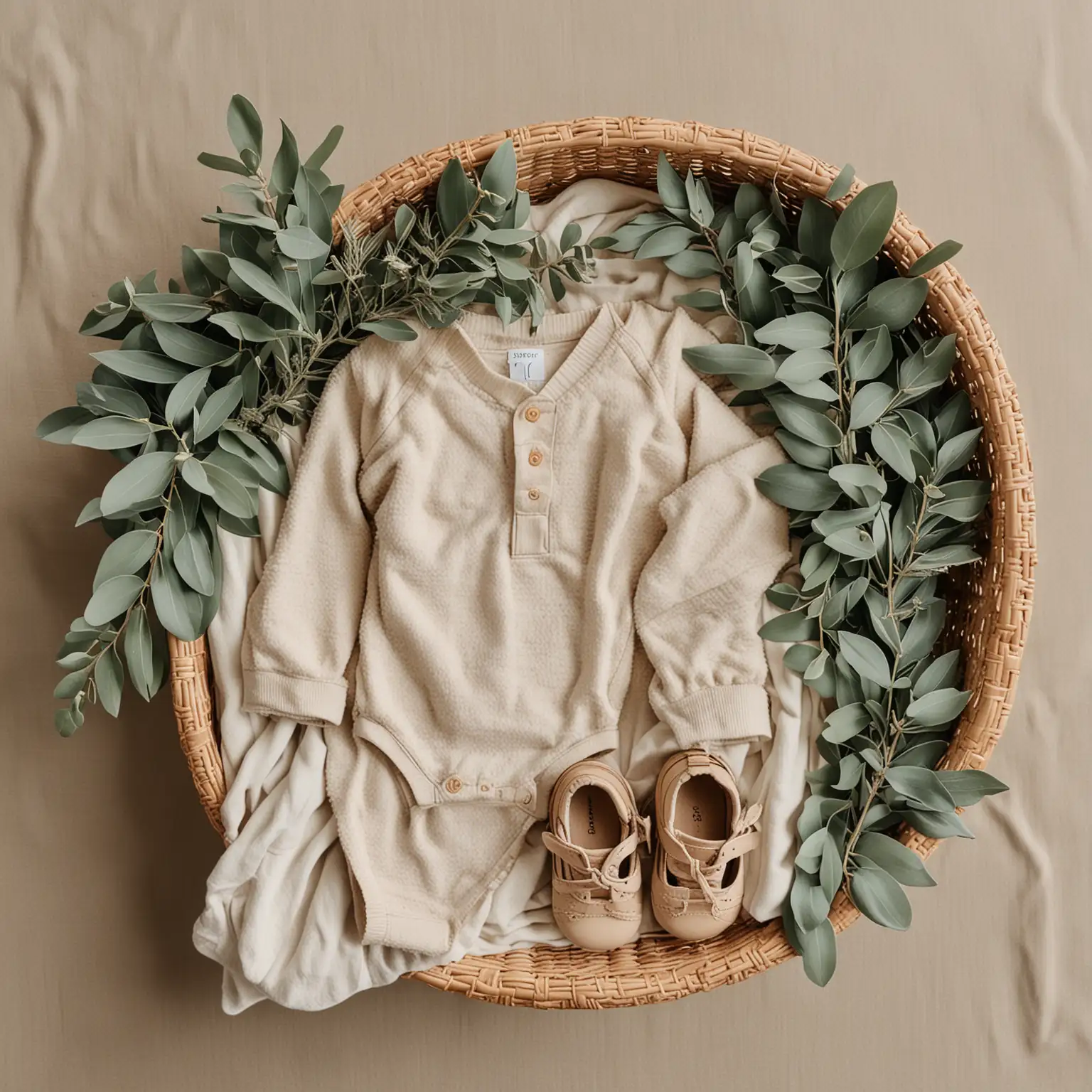 flat lay image, cane basket, baby onesie, baby shoes, sage green foliage, fluffy beige blanket