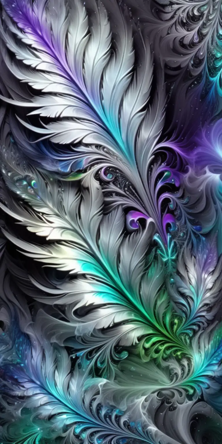 abstract wallpaper. silver, iridescent, chrome wings and feather indentations. of lightning. green hints of nature. minor hint of purple. slight neon blue. marble. fractal. no humans. surreal. splash art. pour paint. vampire themed. multi-depths.