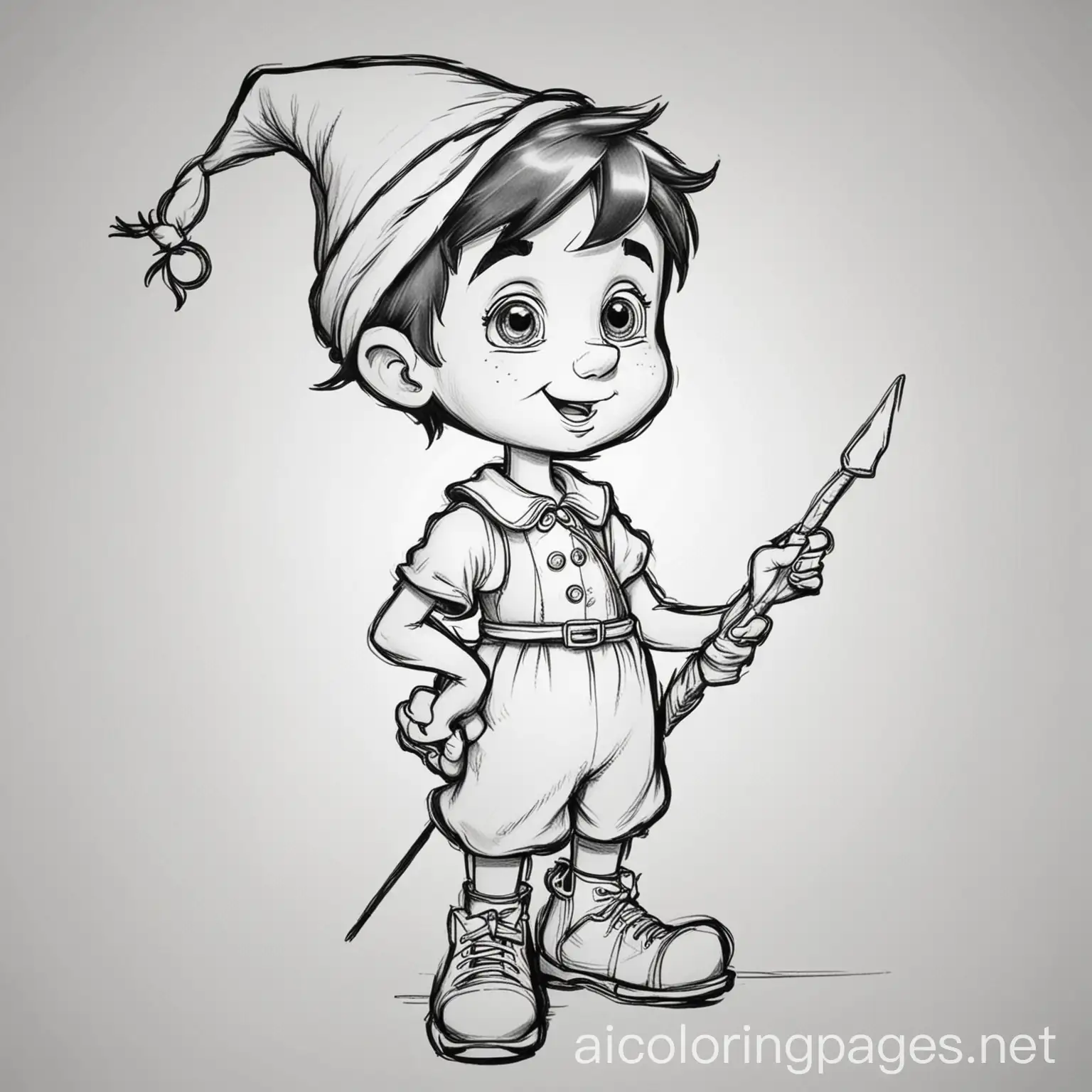 the story of Pinocchio, Coloring Page, black and white, line art, white background, Simplicity, Ample White Space. The background of the coloring page is plain white to make it easy for young children to color within the lines. The outlines of all the subjects are easy to distinguish, making it simple for kids to color without too much difficulty