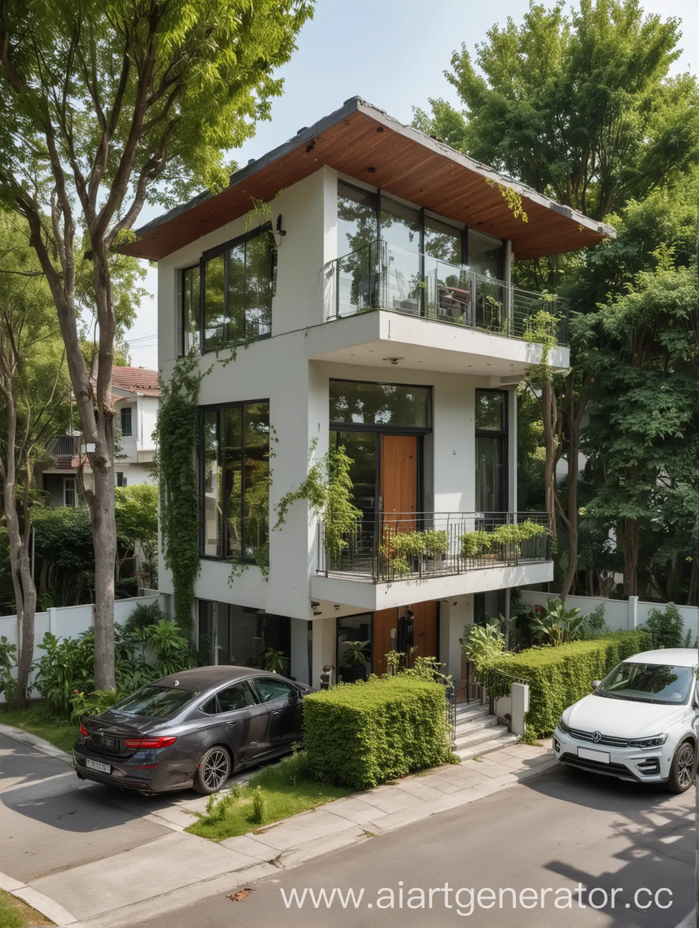 Happy-People-Enjoying-Modern-TwoStory-House-with-Greenery-and-Parking