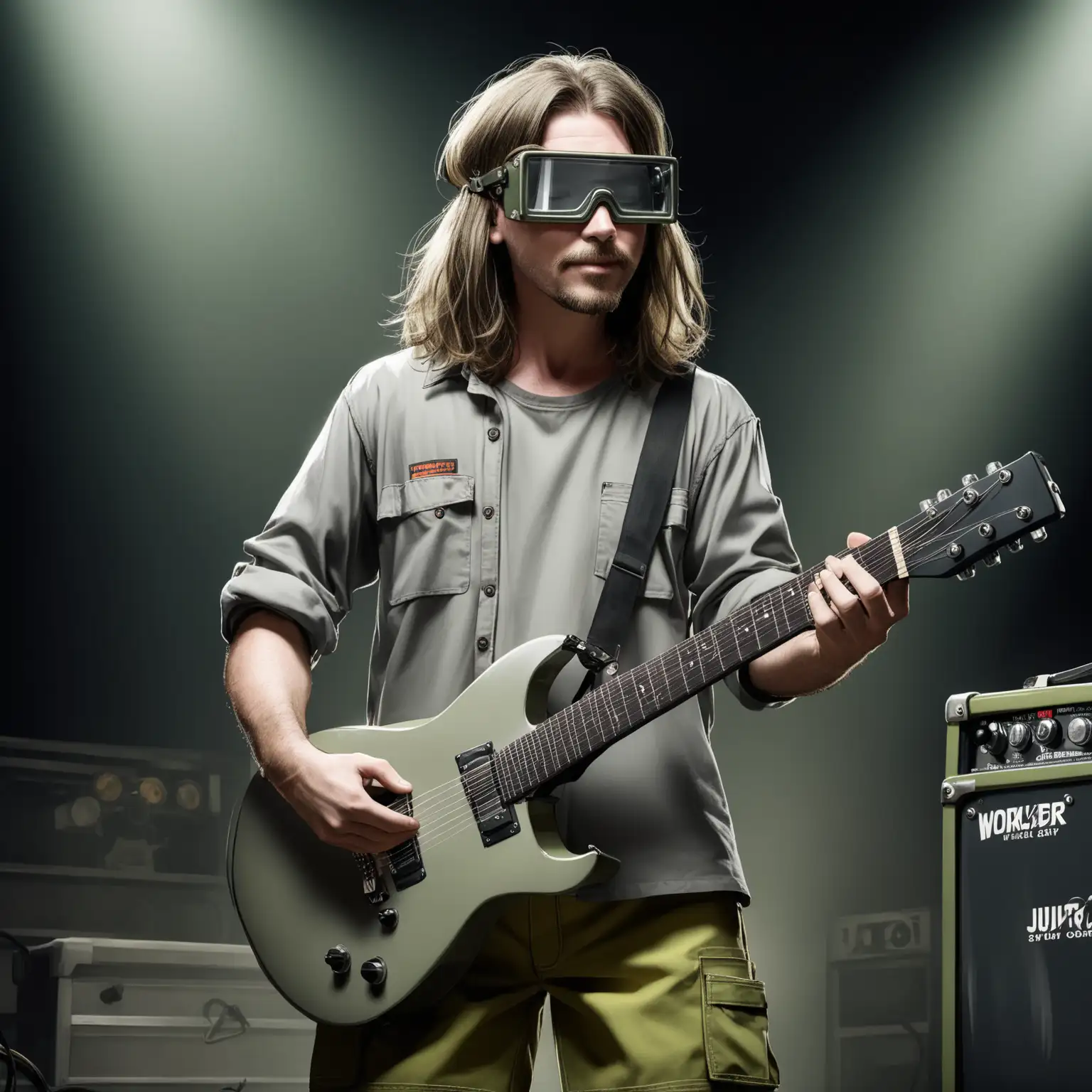 Rock-Singer-with-ShoulderLength-Hair-in-Workwear-and-Welder-Safety-Glasses-Holding-Guitar