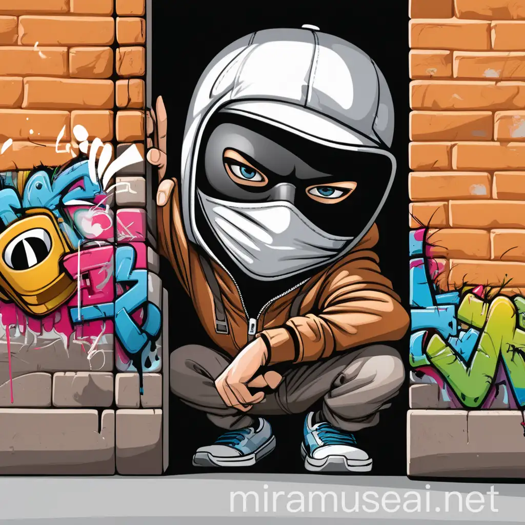 cartoon masked graffiti artist peeking out from behind something