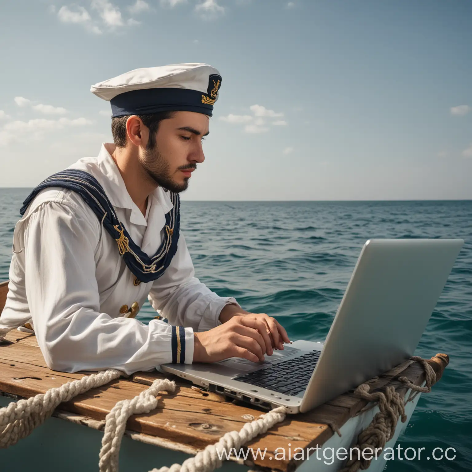 Моряк на лодке в тихом океане играет на ноутбуке