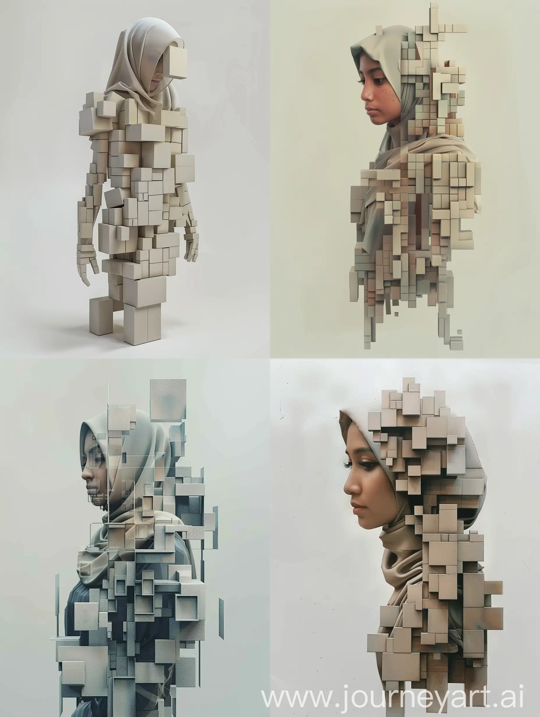 Make a picture of a beautiful Indonesian hijab woman consisting entirely of cubes of various sizes. The figure will appear as if it were made from these geometric shapes, with different cubes forming the head, torso, arms, and legs. The cubes vary in size to represent different body parts proportionally, creating a visually interesting and abstract representation of the human body. The composition should be clear, with a focus on how the blocks are assembled to mimic human anatomy. The background should be neutral to make the image stand out