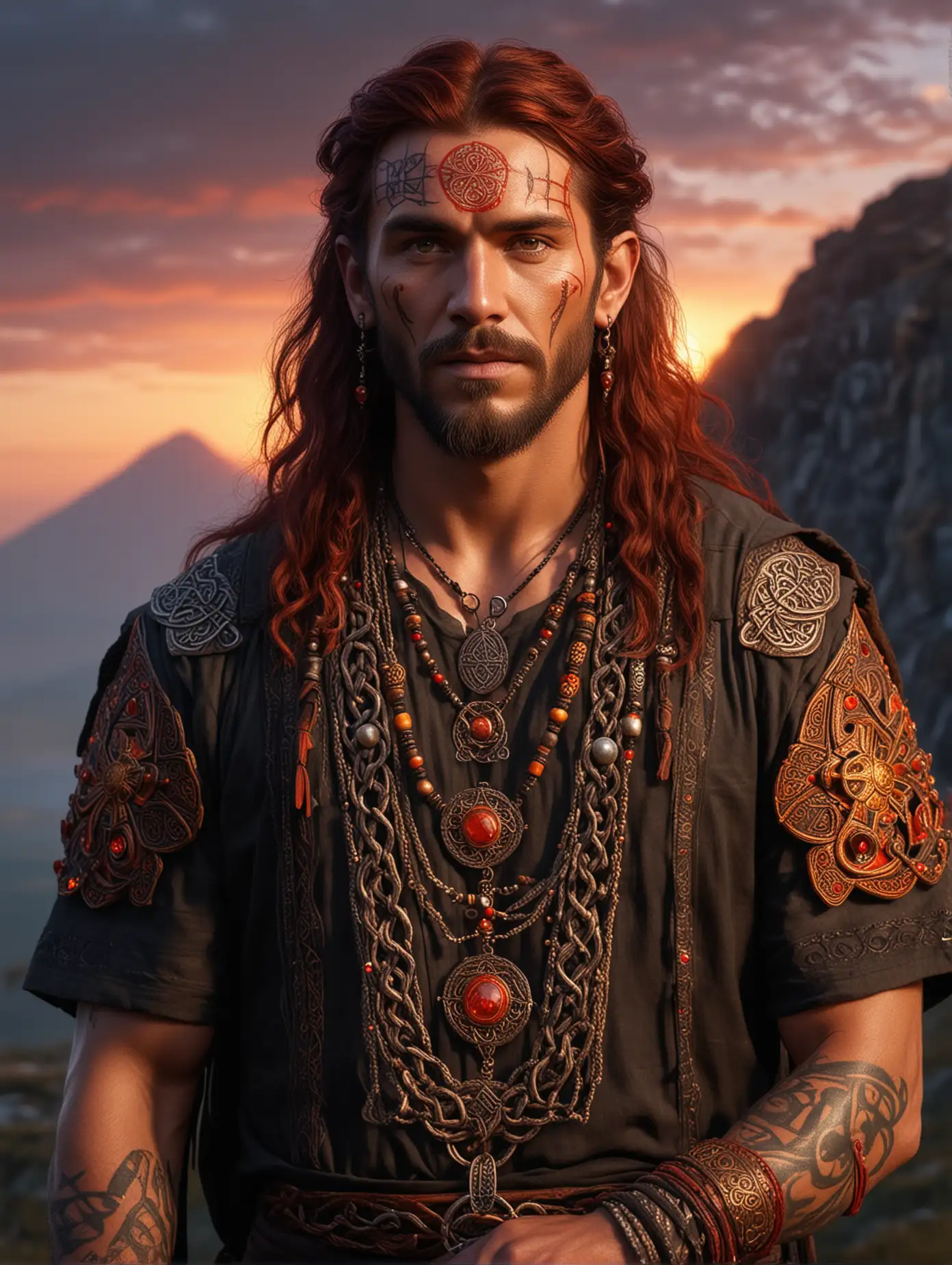 A nice celtic male shaman with red tattoos, a very dark reddish hair wearing a dark tunic, adorned with red and orange gems, many golden mystical signs : 1.|Volcano in the back and sparckles : 1.|lanterns : .9|Very detailed, sunset, nordic atmosphere : 1.|Highly detailed,high precision,focus on textures, hyperrealistic : 1.