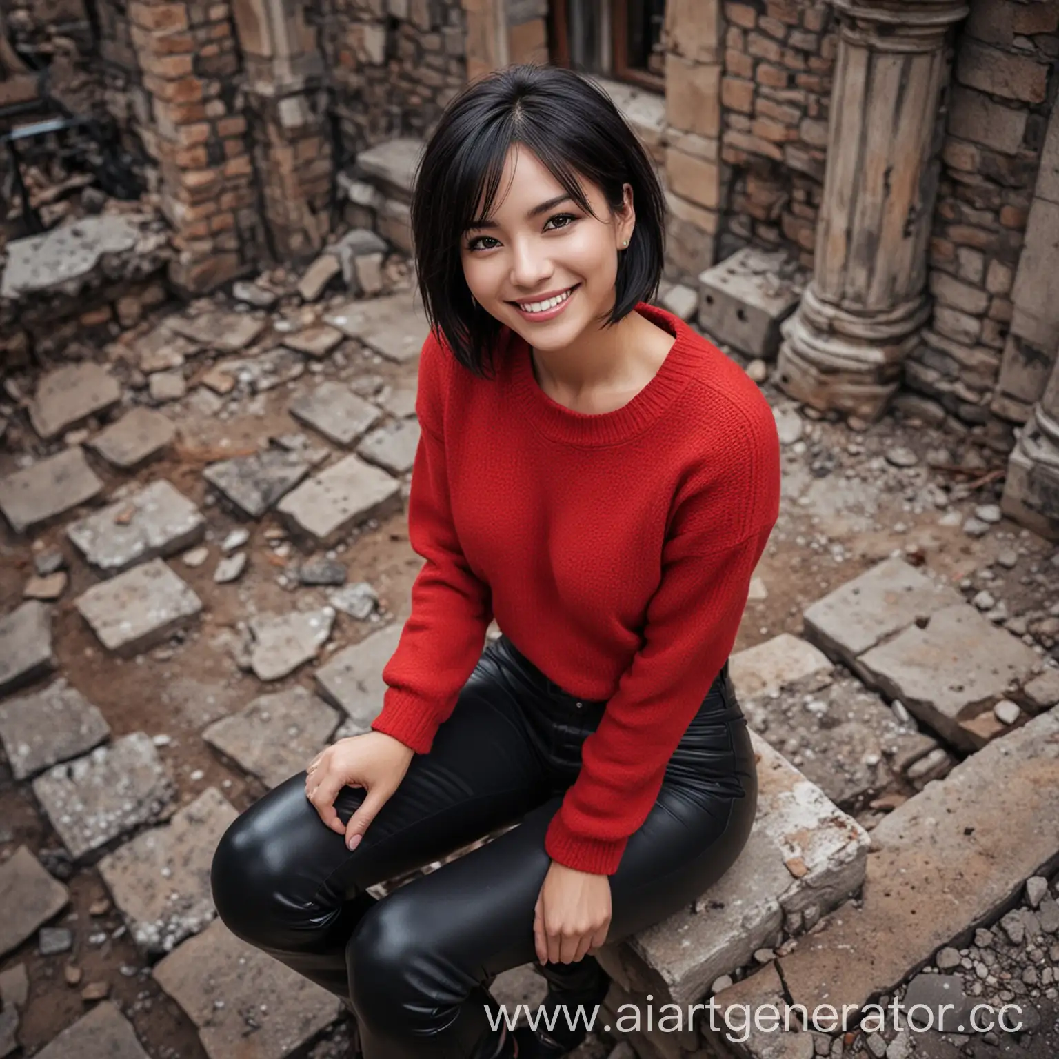 Ada,  black hair, brown eyes,  short hair, 
red sweater,  black leather pants, 
sitting,  smile,  from above, 
night,  outdoors,  ruins,  
(insanely detailed, beautiful detailed face, masterpiece, best quality),
 <lora:AdaWong:0.8>