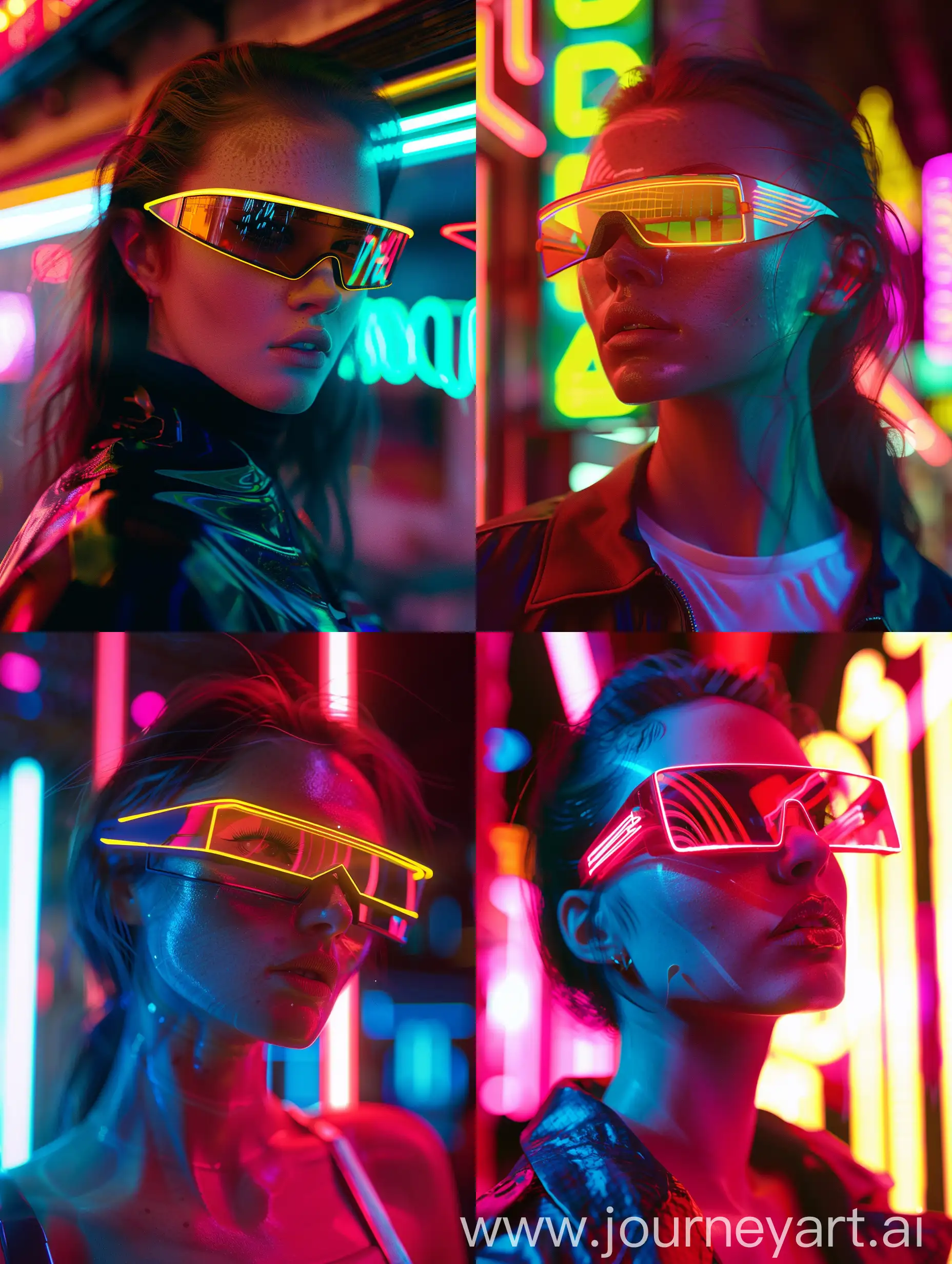 woman wearing neon glasses and standing in front of neon lights, in the style of retro-futuristic cyberpunk, serge marshennikov, photo-realistic techniques, lit kid, outrun, shot on 70mm