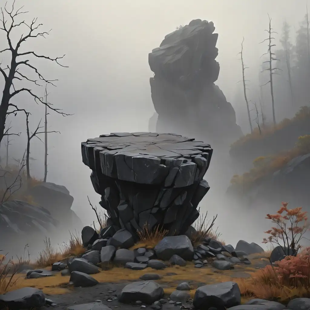 Cartoony-Low-Pedestal-of-Black-Rock-in-Mysterious-Foggy-Landscape
