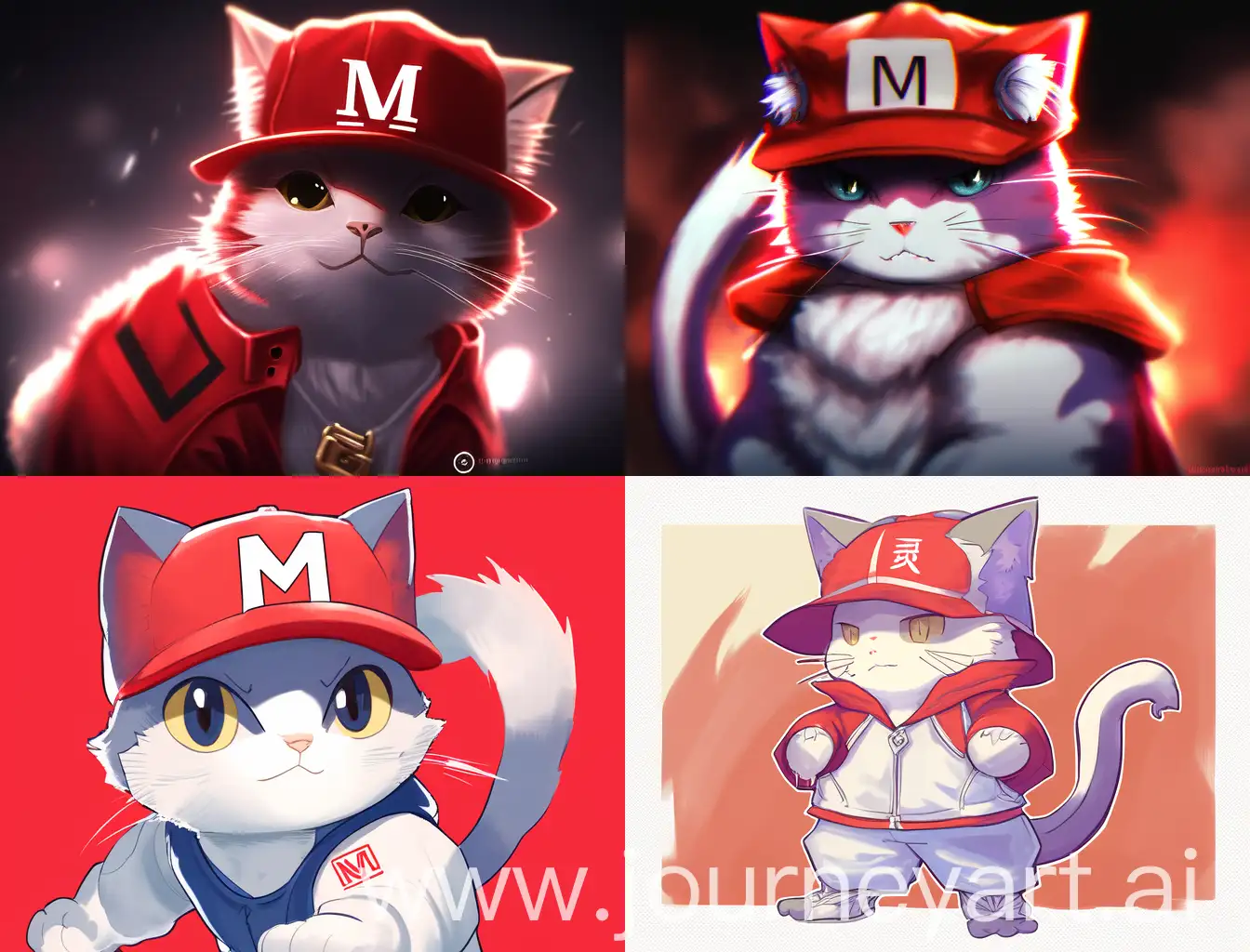 a cat with a red cap and a white letter M in the middle