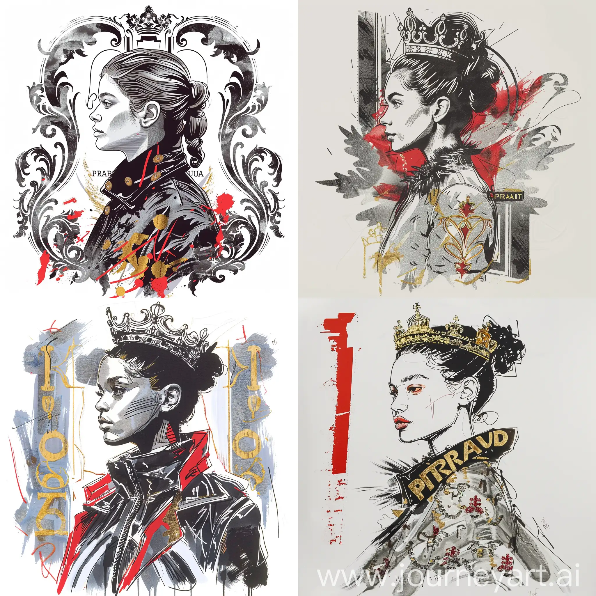 Young Queen looking like Miucci Prada, Prada clothes, central portrait in profile, on white background, colors: gray, black, red, gold, René Gruot style, decorative, illustration, ink stroke, caricature
