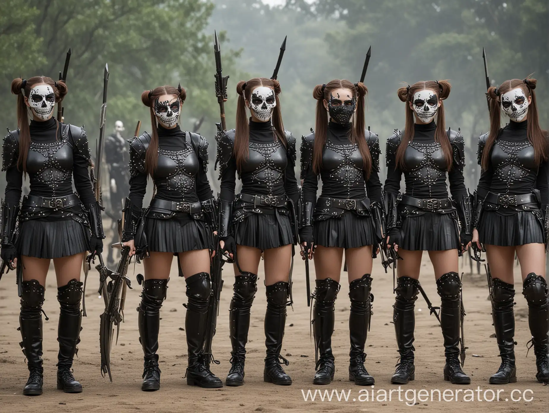 A group of female mixed weapon troops, with double ponytails, wearing skull masks to completely cover their eyes and faces, wearing black armor, black iron skirts, spears in hand, Mary Jane shoes, piles of socks, hair accessories, armor patterns and nail polish.