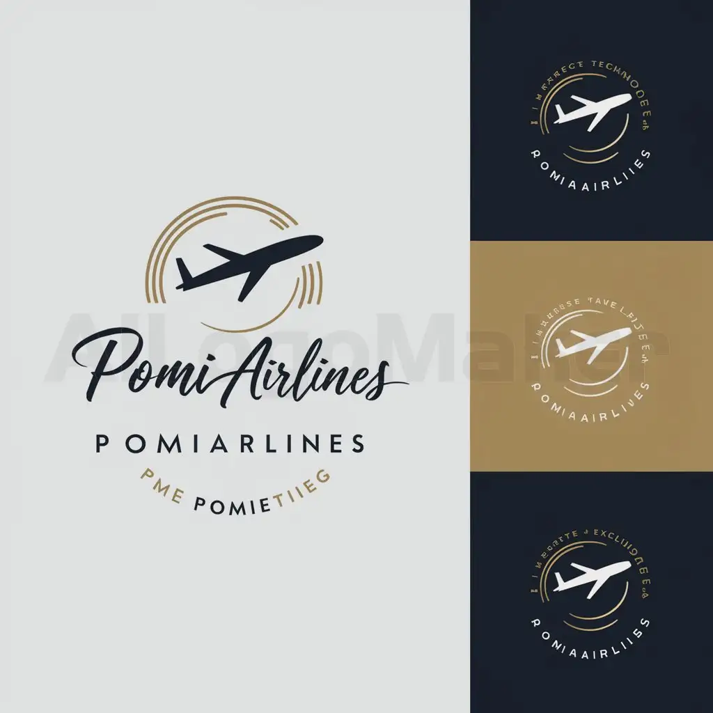 a logo design,with the text "PomiAirlines", main symbol:The logo of TimeSphere features a sleek and modern design with a stylized airplane symbolizing perfect and elegant travel. The name 'PomiAirlines' conveys the idea of a universe of travels and luxury surrounding our products. The airplane is surrounded by an aura of sophistication and exclusivity, reflecting the premium quality of our private airline. Dark and vibrant colors such as dark blue and gold are used, conveying a sense of elegance and prestige. The logo design suggests the integration of advanced technology into luxurious and timeless design, where every moment is lived in style. The slogan is pomidimeelslogan,complex,be used in Travel industry,clear background