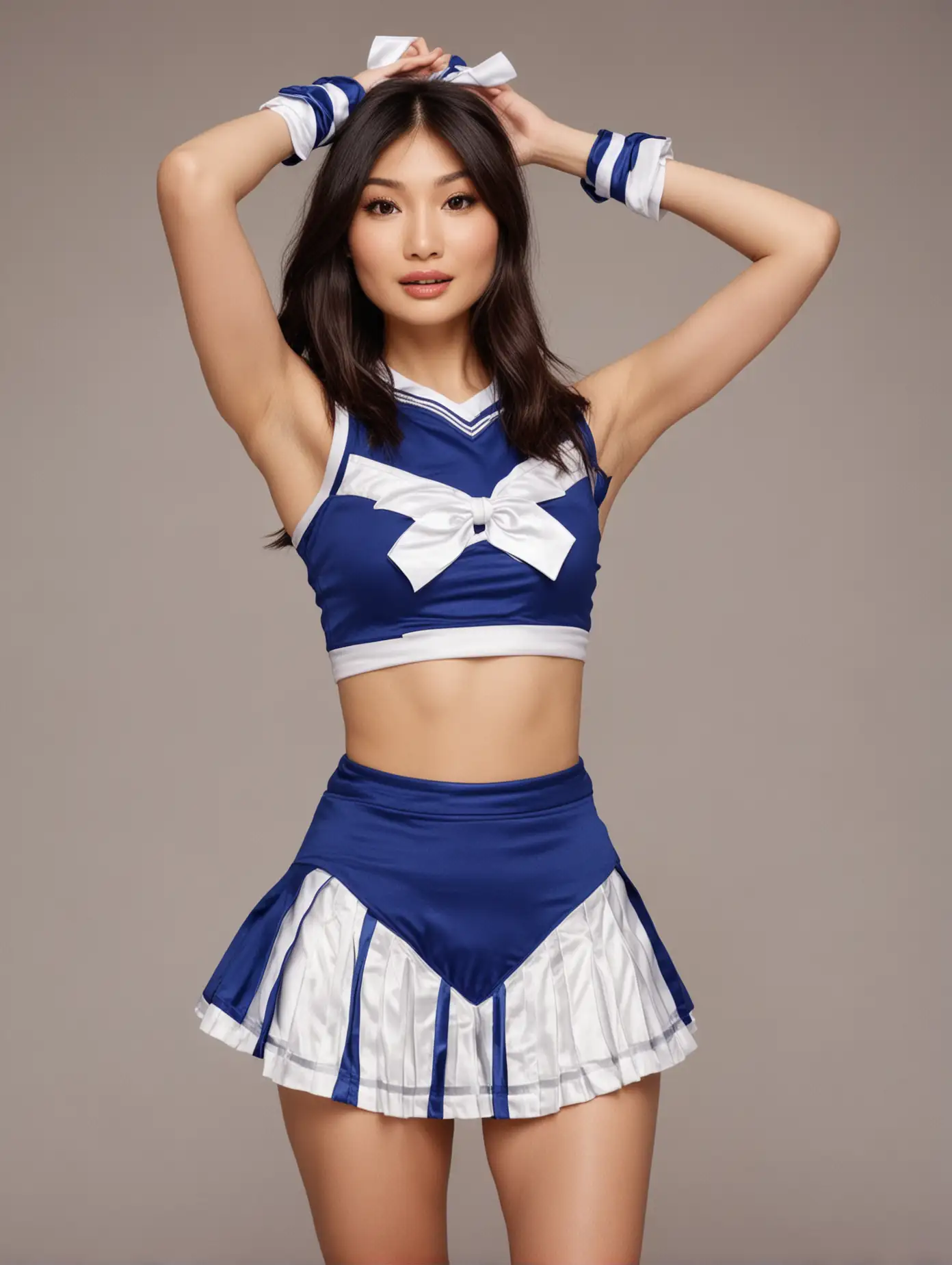 beautiful Gemma Chan in a short blue and white cheerleader outfit with her skirt held up showing satin panties