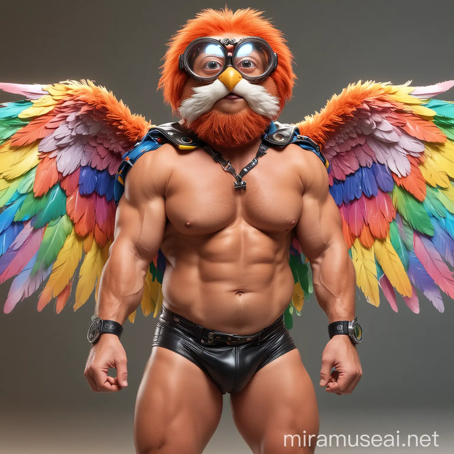 Topless 40s Ultra beefy Red Head Bodybuilder Daddy Big Eyes with Beard Wearing Multi-Highlighter Bright Rainbow Colored See Through huge Eagle Wings Shoulder Jacket short shorts low leather boots and Flexing his Big Strong Arm with Doraemon Goggles