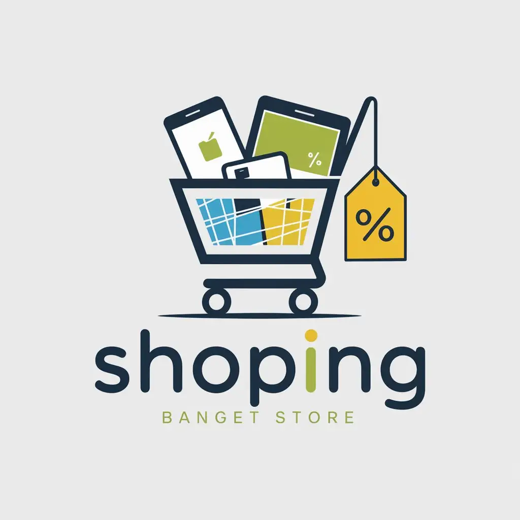 Create a simple and clean vector logo for an electronic online store that highlights the theme of discounts. The logo should include: A recognizable electronic device, such as a smartphone, laptop, or shopping cart with electronics inside. A prominent discount symbol, such as a percentage sign (%), a discount tag, or a sale badge. Use a color scheme that conveys trust and excitement, such as blue and green with accents of red or yellow. The store name 'Shoping Banget Store' integrated into the design in a modern, readable font. Ensure the design is minimalistic and versatile enough to be used on various platforms, such as websites, mobile apps, and printed materials.