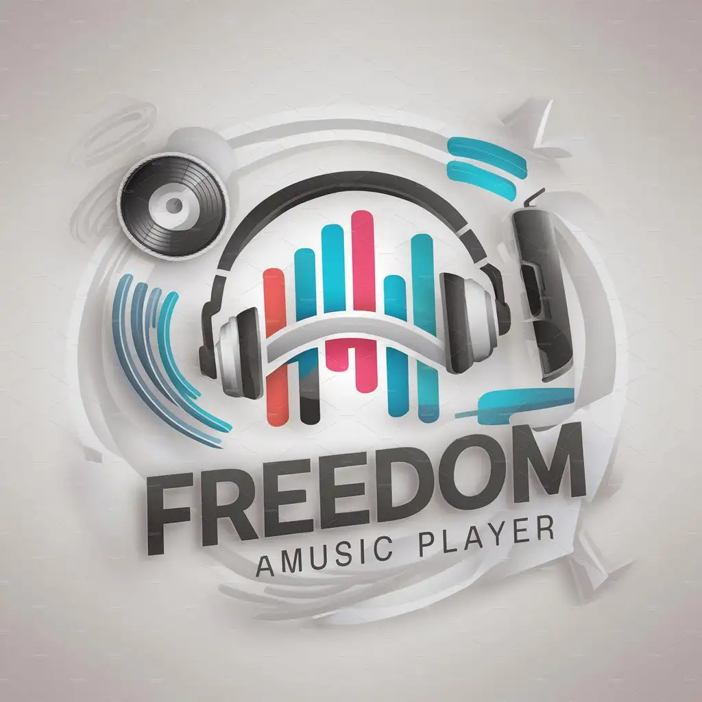 a logo design,with the text "freedom", main symbol:audio tracks, dynamic, disk, headphones, player,Moderate,clear background