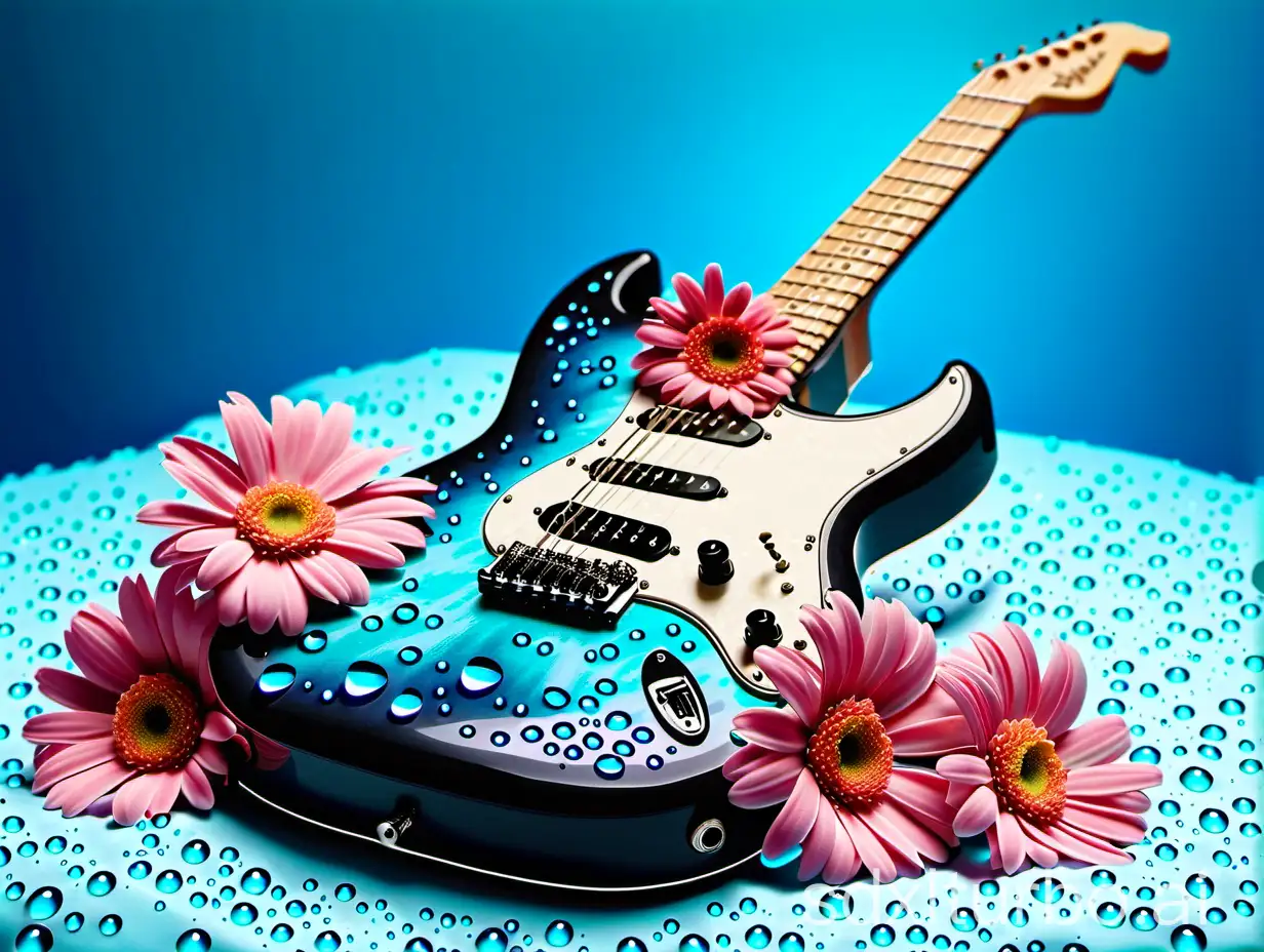 Aquablue rock guitar, 8 light pink gerberas, green flowers, background blue and pink sheet, waterdrops