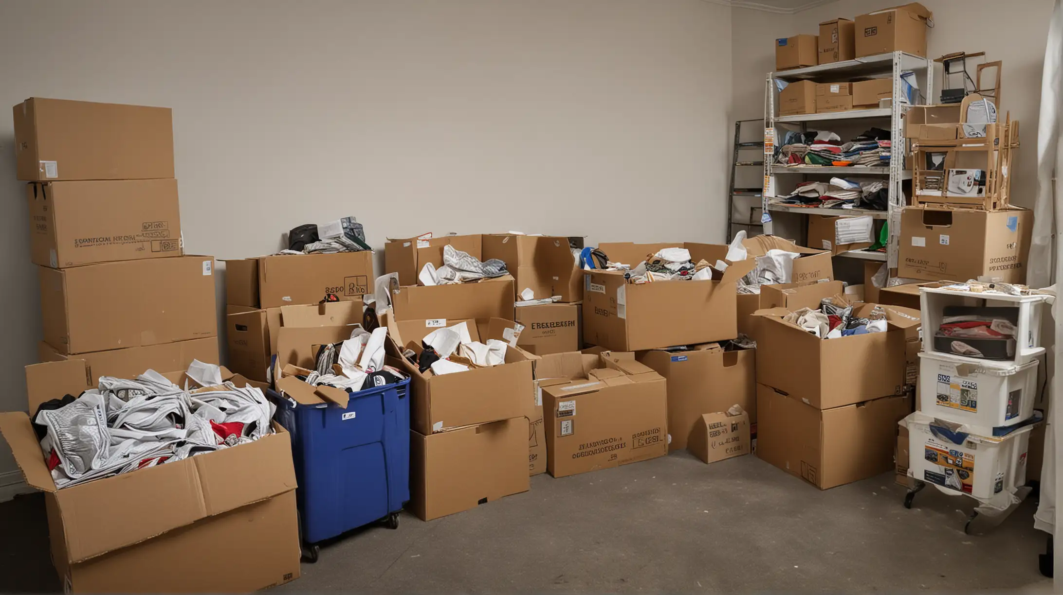 Create a high-quality photograph depicting the organized sorting process during a property turnover. The image should capture a variety of items such as furniture, electronics, and boxes, neatly sorted into different areas or bins labeled for recycling, donation, and disposal. The scene should be set inside a spacious room or garage of a residential property, emphasizing cleanliness and order. Include Route Runners Junk Removal team members actively engaging in the sorting process, wearing branded uniforms to convey professionalism. Use a DSLR camera with a 35mm lens to capture the entire scene in sharp detail, ensuring that the lighting highlights the cleanliness and organization of the space.

Camera and Lens Settings:

Camera Type: DSLR
Lens: 35mm lens, ideal for capturing comprehensive indoor scenes without losing focus on the details
Aperture: f/5.6, to ensure both the sorted items and the team members are in sharp focus, capturing the texture and condition of the items
Shutter Speed: 1/100 sec, suitable for indoor lighting, providing clarity without motion blur
ISO: 400, to compensate for potentially varied lighting conditions within the room and ensure the image remains bright and clear
This setup is designed to visually communicate the meticulous and responsible approach taken by Route Runners Junk Removal during the sorting phase of a property turnover, showcasing how different items are handled to minimize waste and support sustainability.