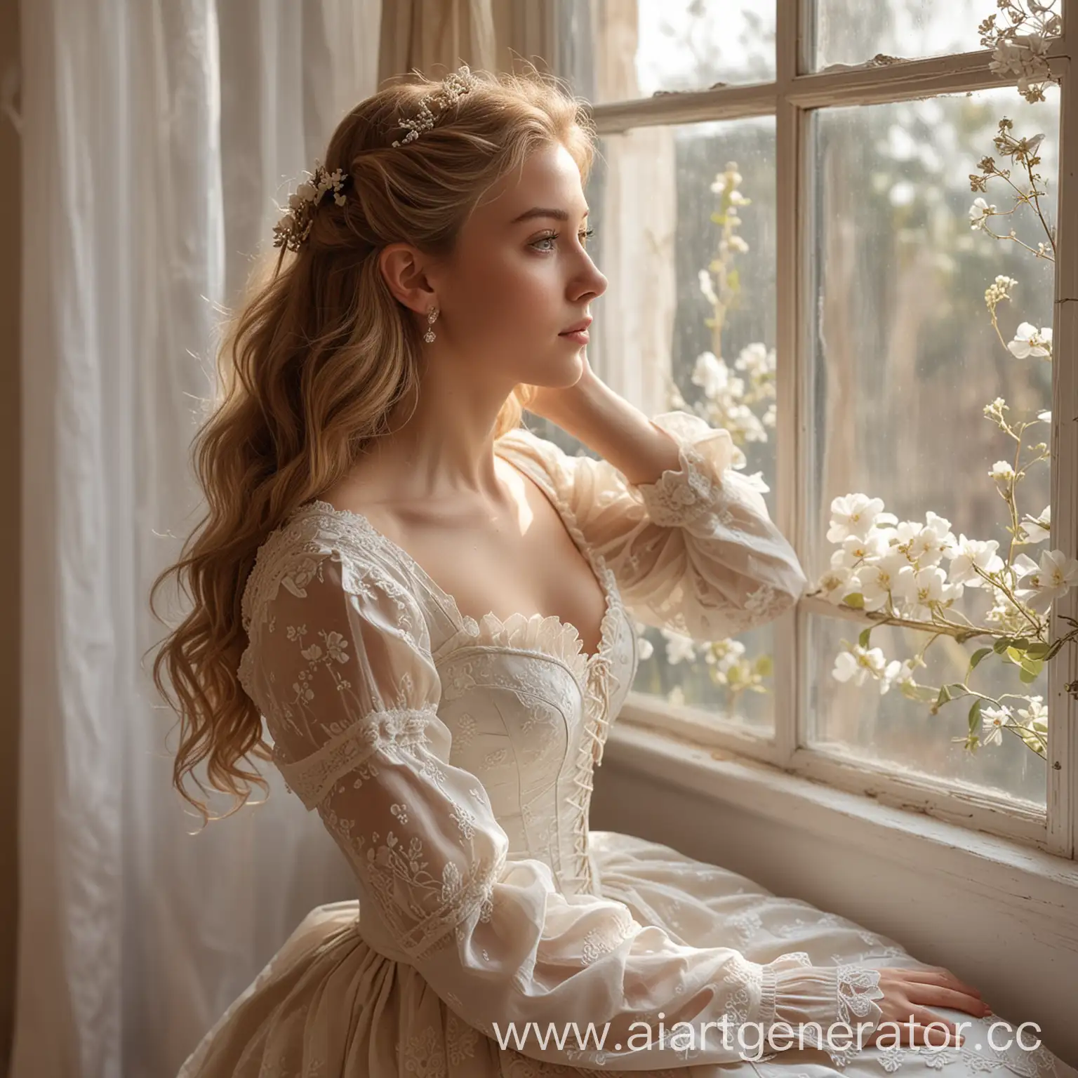 
In the image, a girl is sitting near the window. The window fills the room with soft, warm light. The girl is wrapped in profile to the camera, and her light brown hair falls in waves. Her dress is a delicate white shade with decorative elements that resemble flowers or appliques, the dress has an exquisite corset from the era of Bajo. Next to her, on the windowsill and in the space of the room, you can see exquisite flowers. The setting is exquisite and full of romantic atmosphere.