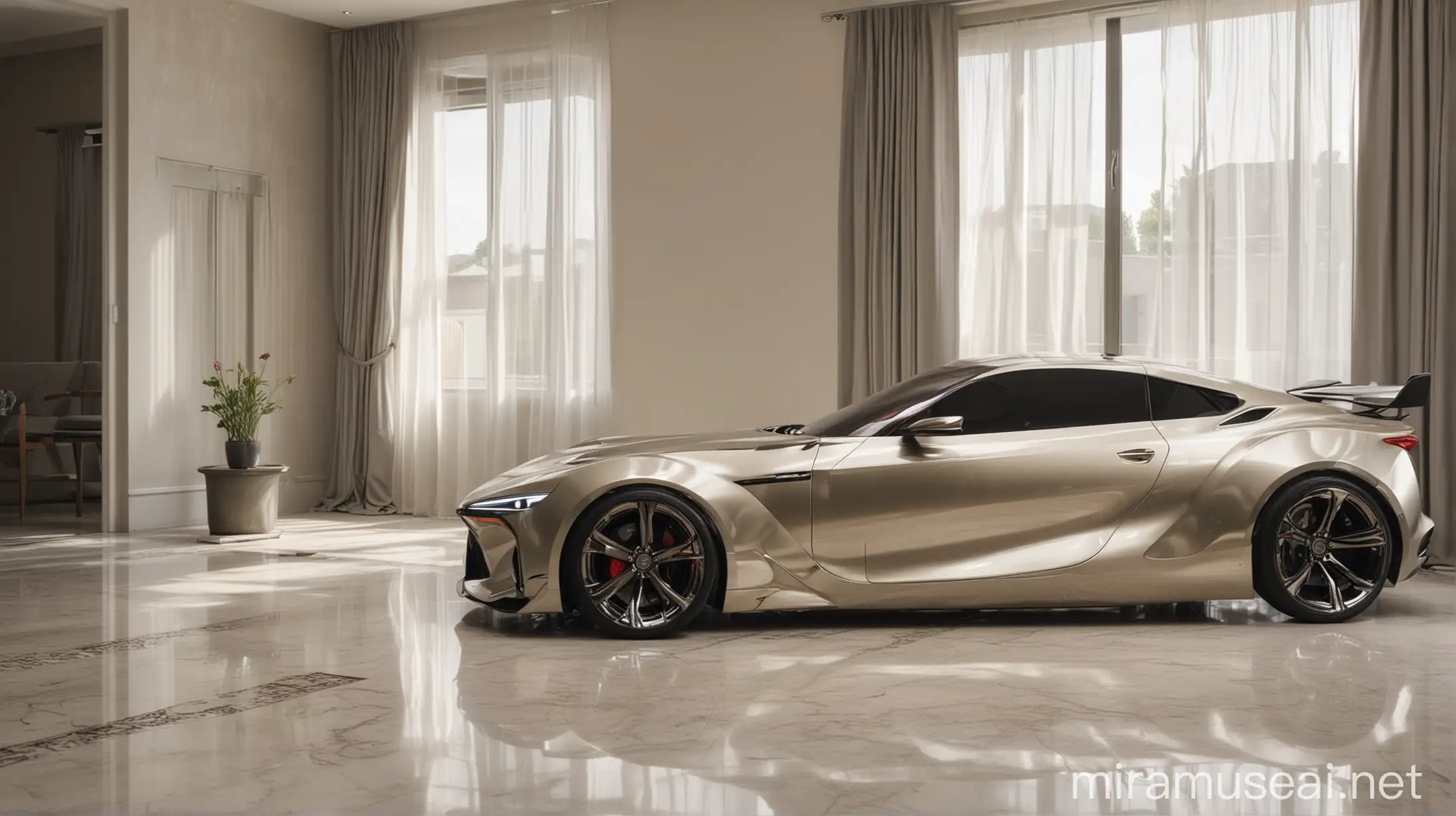 Toyota Celica Concept Car Reborn, AI Design in the villa with shiny floor and window with curtains on background
