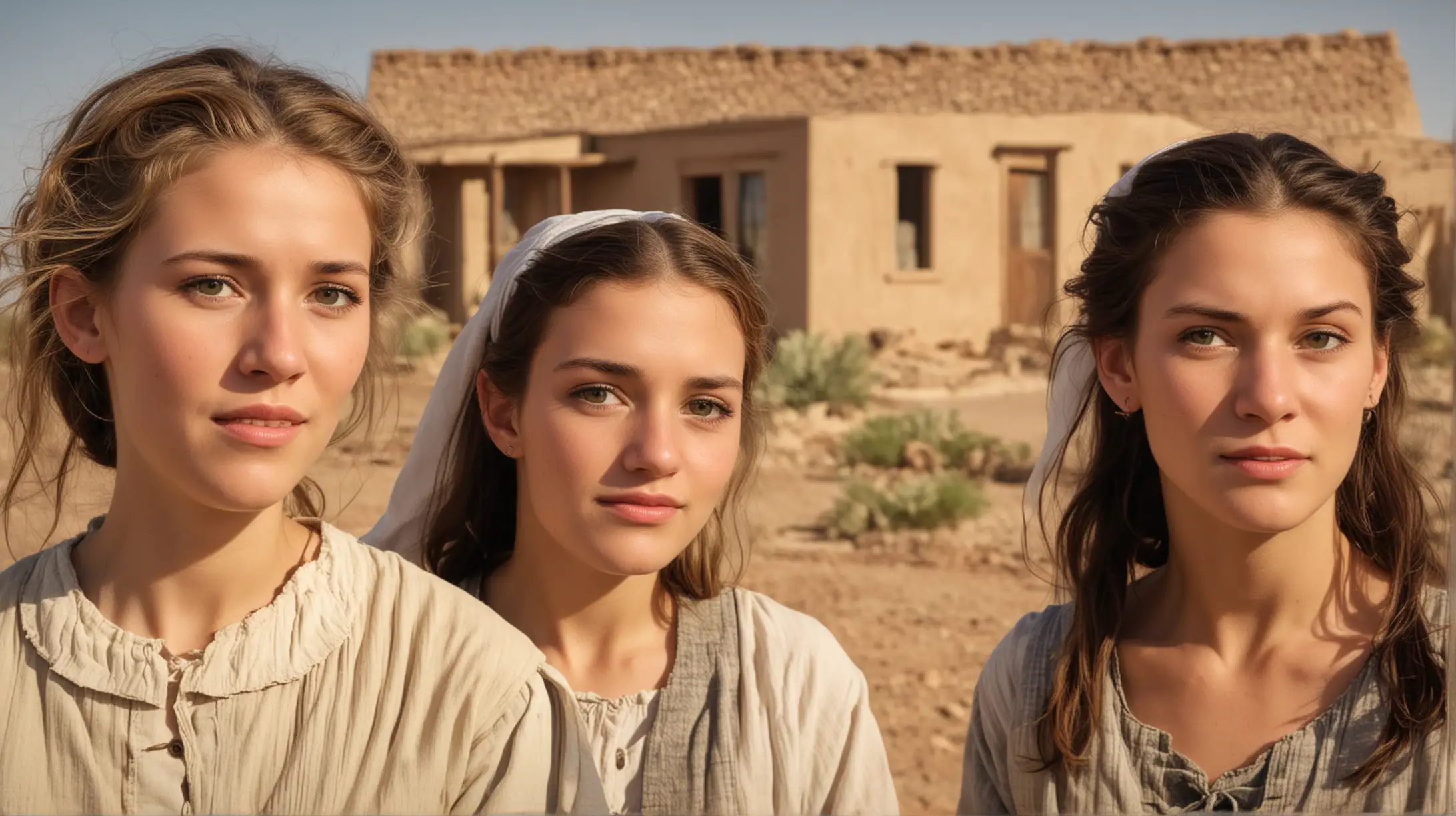Three Women at Desert Farmhouse During Biblical Era of Moses