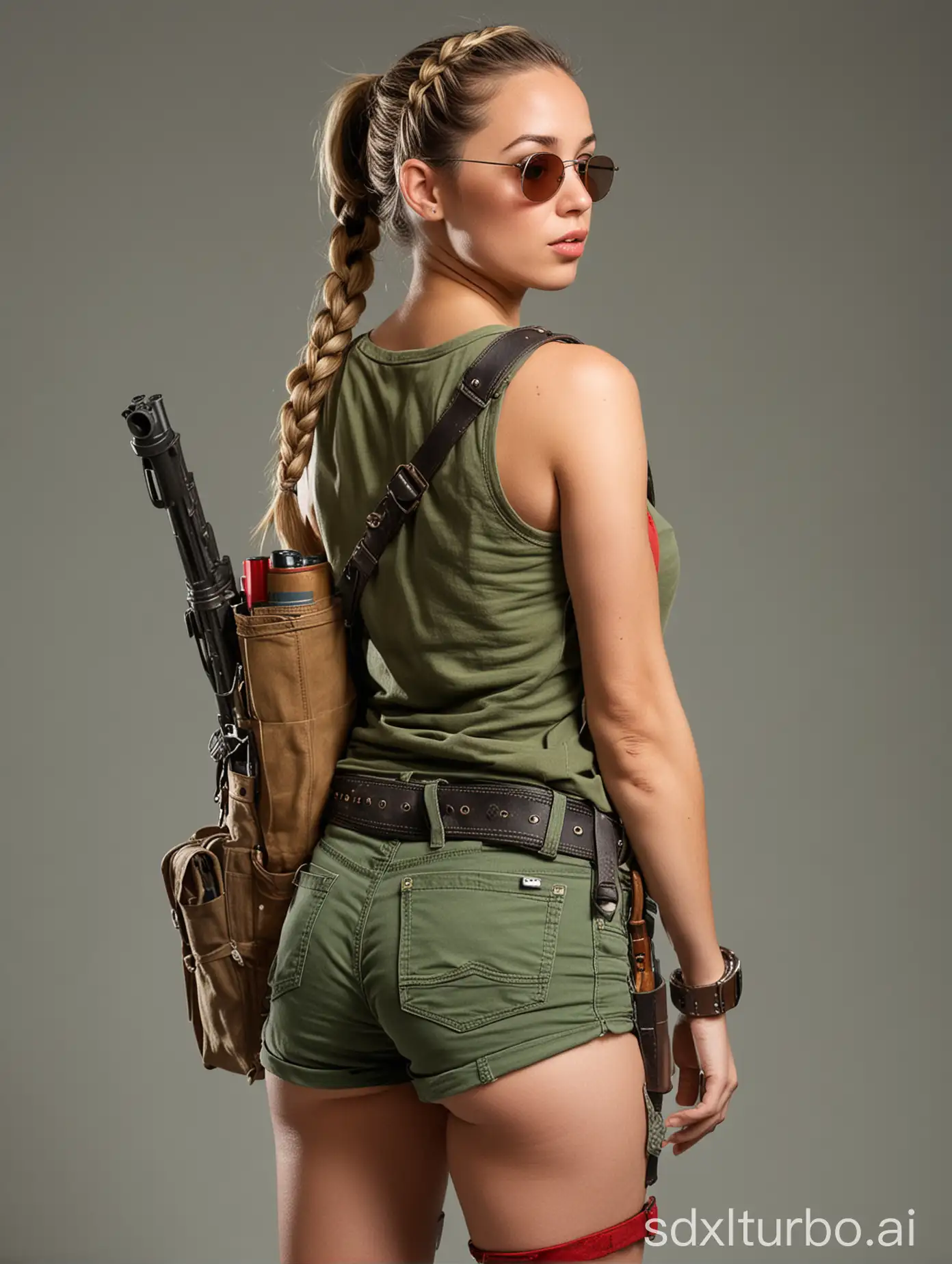 A woman with a braided ponytail, wearing sunglasses and a green tank top, stands with her back to the viewer. She wears tan shorts, and brown boots, and has a backpack. She also wears a black arm brace on her right arm and has an ammunition belt on her left arm. She is carrying a gun in her right hand and wears a red nose ring.