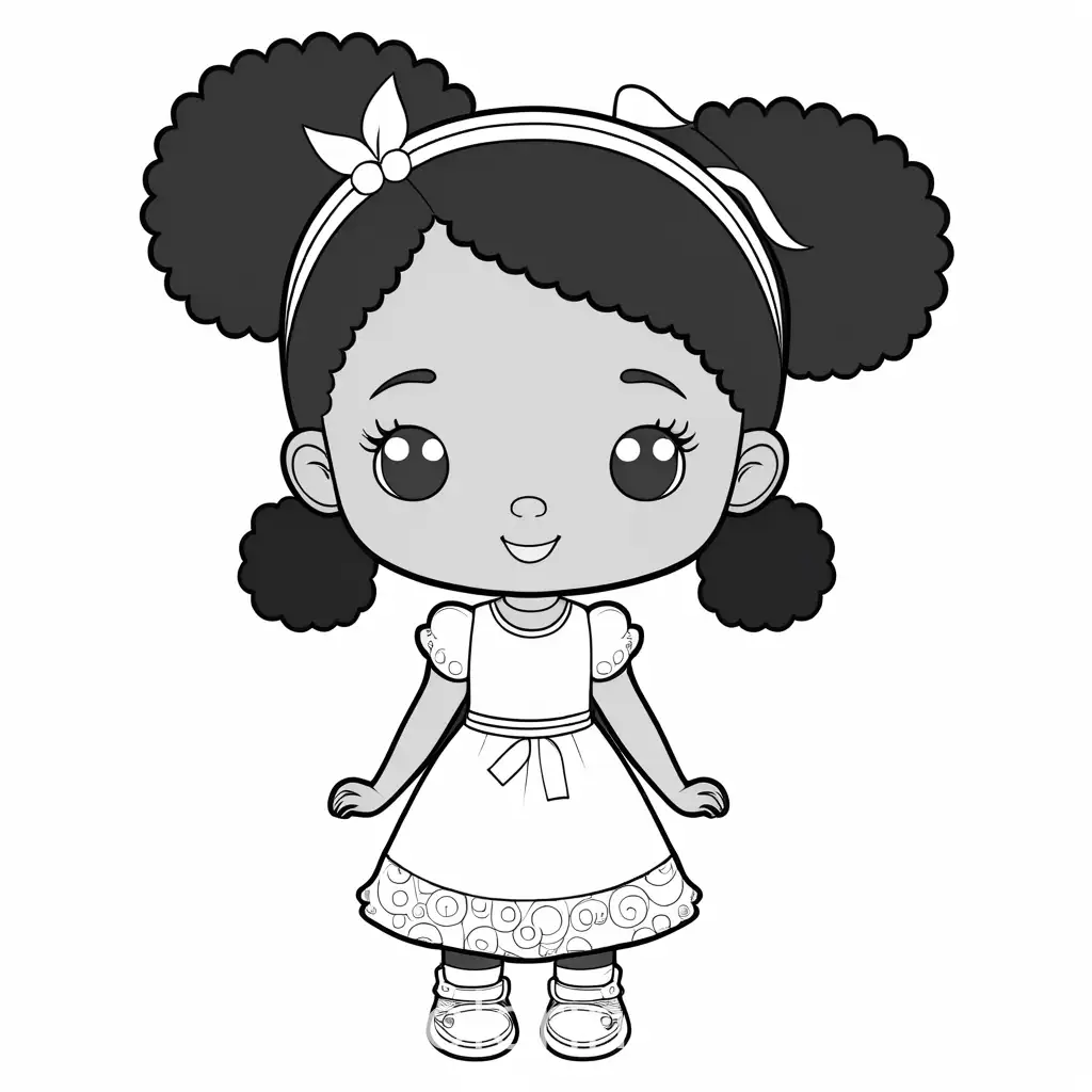 a little black girl with with pinned curly hair, kawaii style, with her friends

, Coloring Page, black and white, line art, white background, Simplicity, Ample White Space. The background of the coloring page is plain white to make it easy for young children to color within the lines. The outlines of all the subjects are easy to distinguish, making it simple for kids to color without too much difficulty