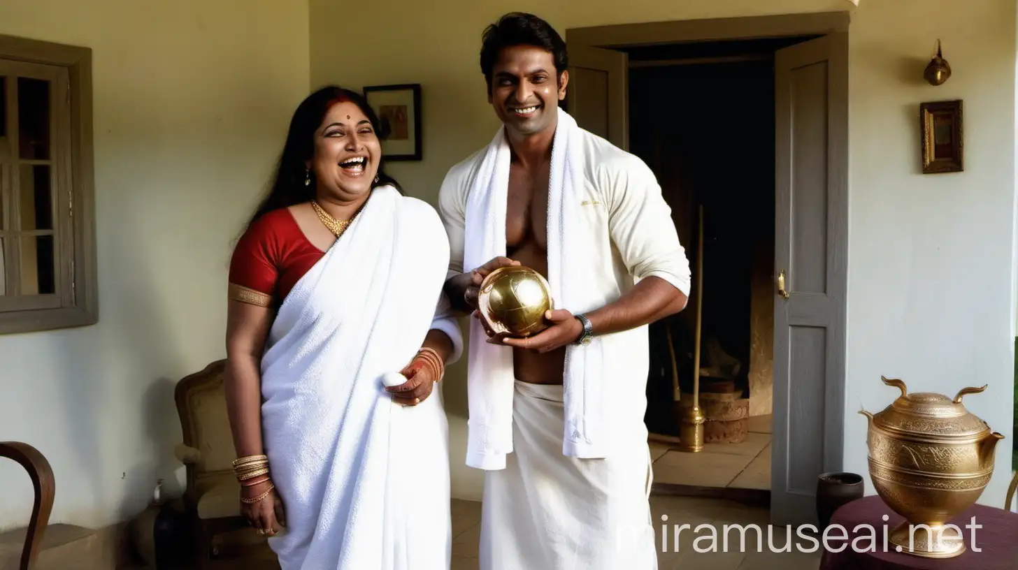 a indian healthy muscular     man holding  a cricket bat aged 23 standing in a   luxurious
farm house  field  with a 47 years old indian fat woman happy and laughing with full make up and a lot of gold jewallary holding a cricket ball ,  both are wearing white bath towel  ,a big white dog
 is also standing beside them. on a round table there is a tea pot and tea cup, they both are standing  face to face.  , its day time and there i a lot of lights in background.