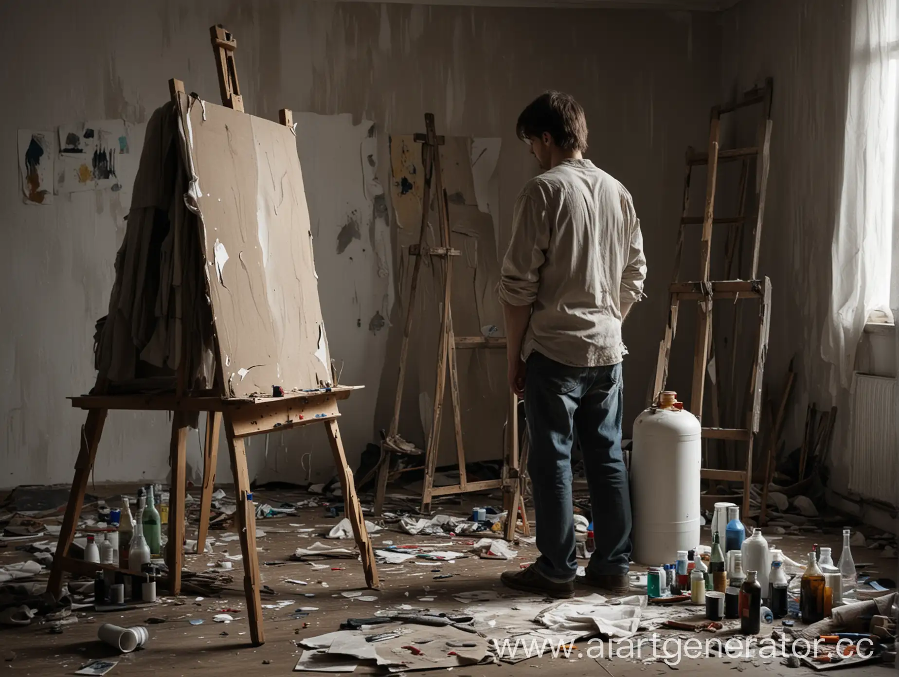Artist-at-Easel-Painting-Sketch-in-Disorderly-Studio-Scene
