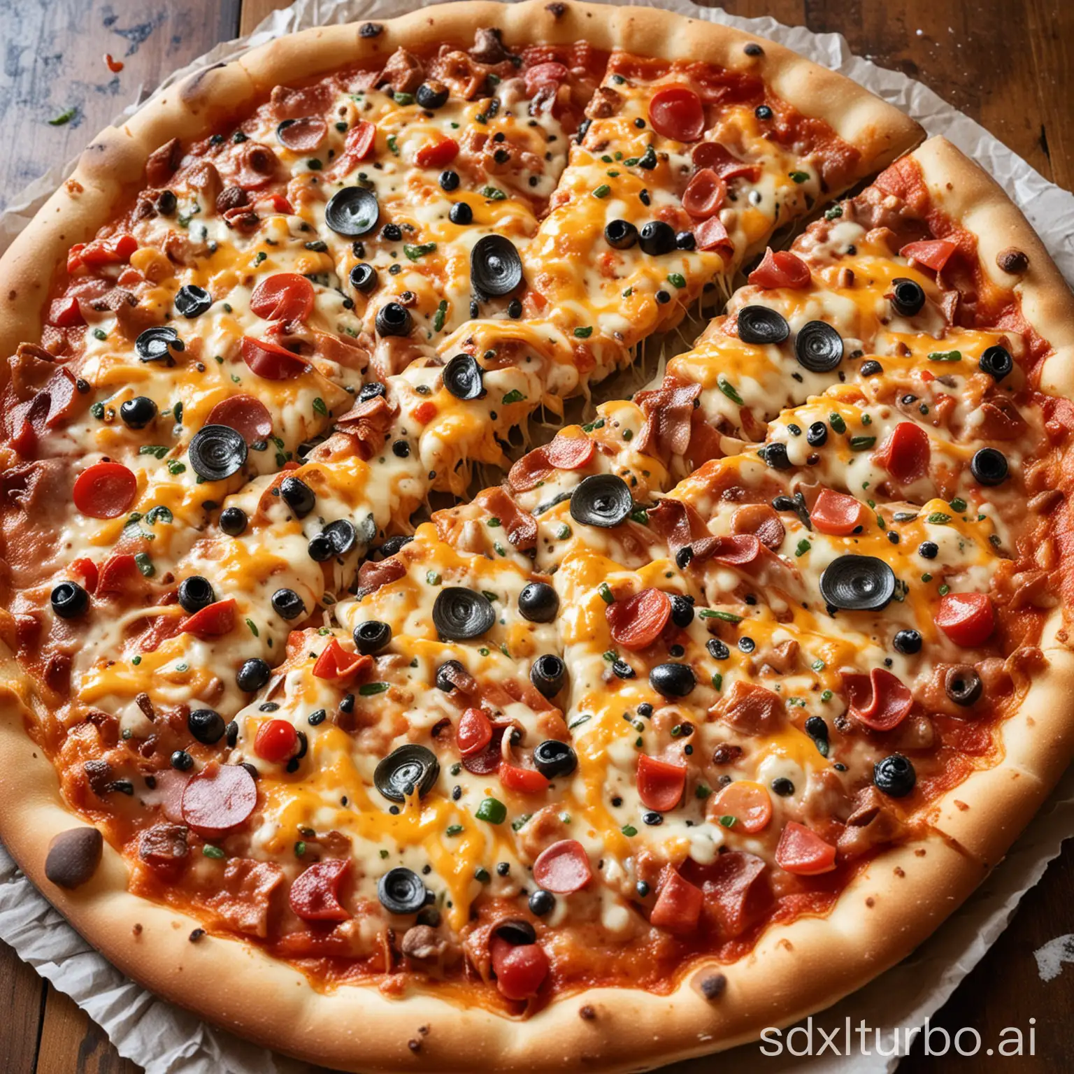 A close-up image of a freshly baked pizza. The pizza is covered in melted cheese and colorful toppings. The crust is golden brown and crispy.