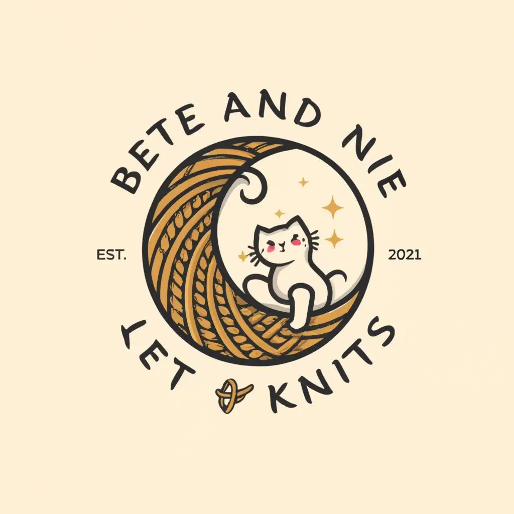 a logo design,with the text "Beate and knits", main symbol:Crescent (moon), cat, ball of yarn,Moderate,be used in Home Family industry,clear background