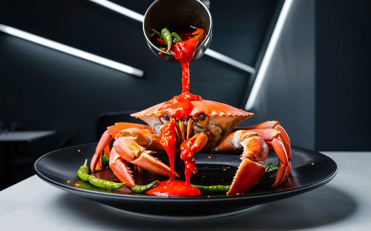 An authentic Singaporean chili crab in a modern Singaporean restaurant, photographed in a contemporary style with dramatic lighting effects, an angled shot, and a modern composition, showcasing the unique flavors of the chili crab.
