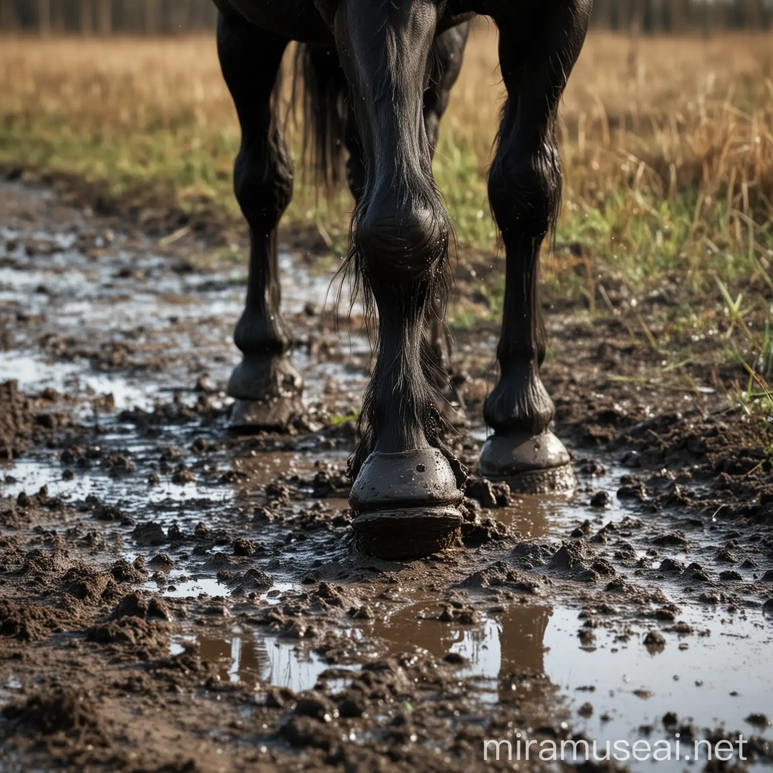 Beautiful black horse hooves walk in beautiful swamp mud close up. Mud flying from hooves and covered 